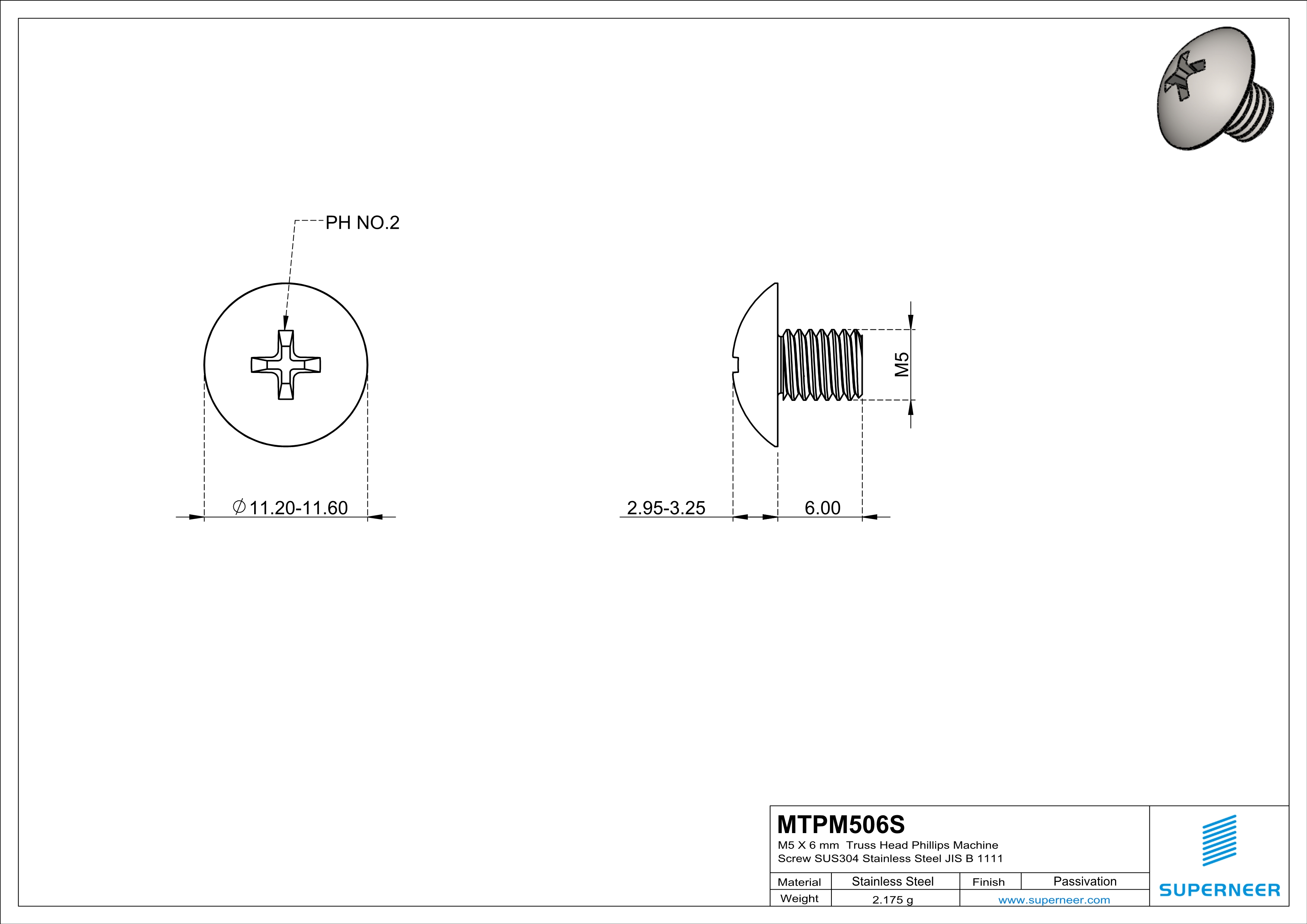 M5 x 6 mm  Truss Head Phillips Machine Screw SUS304 Stainless Steel Inox JIS B 1111