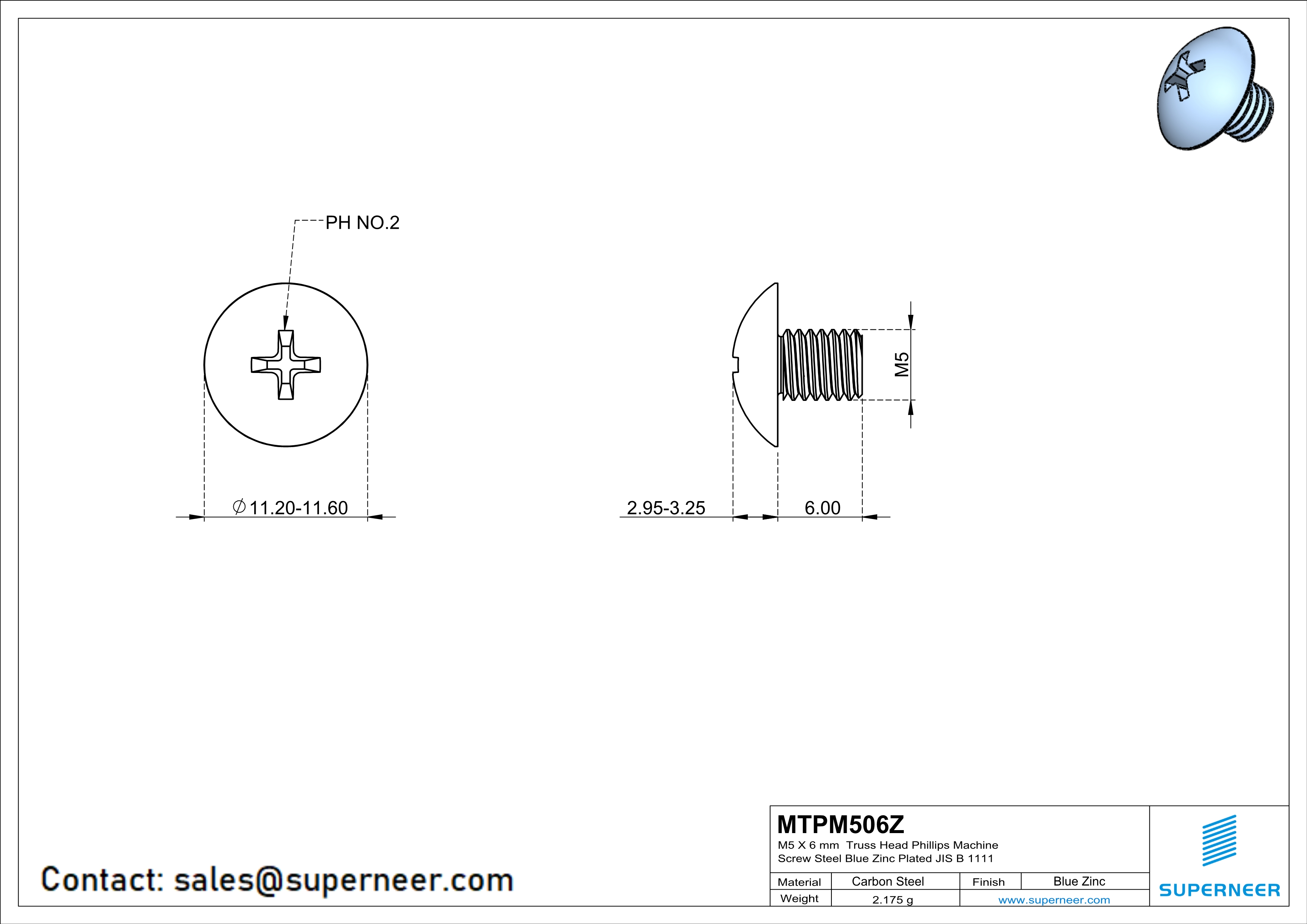 M5 x 6 mm Truss Head Phillips Machine Screw Steel Blue Zinc Plated JIS B 1111