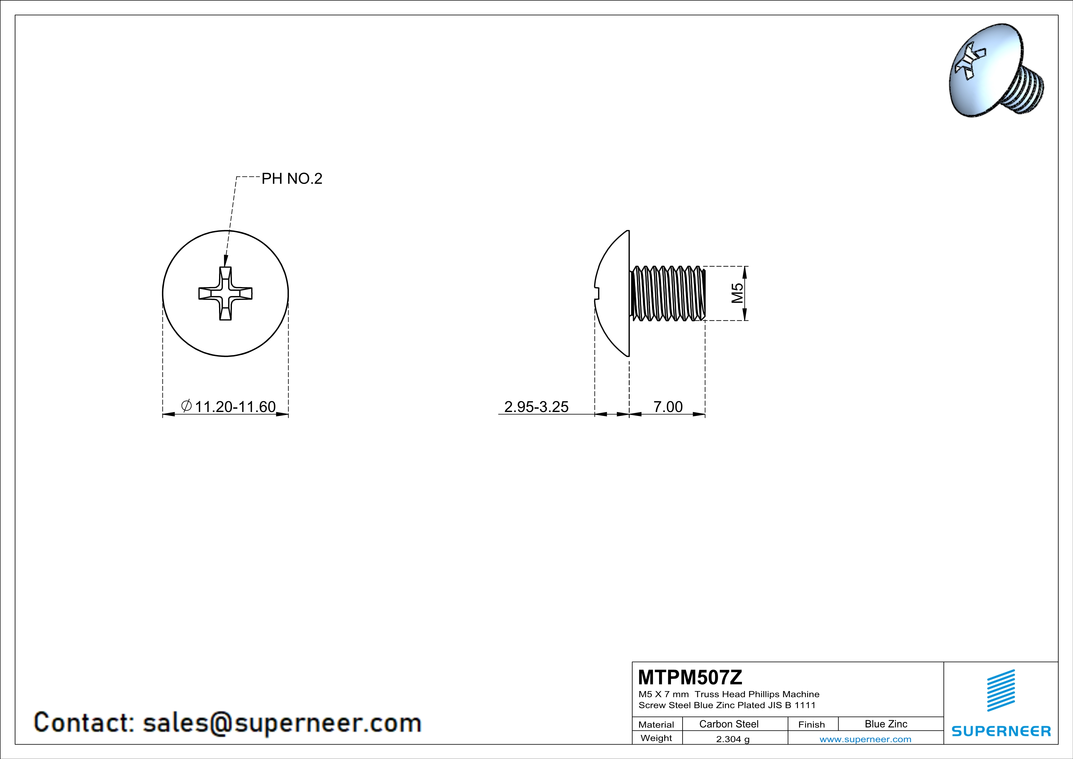 M5 x 7 mm Truss Head Phillips Machine Screw Steel Blue Zinc Plated JIS B 1111