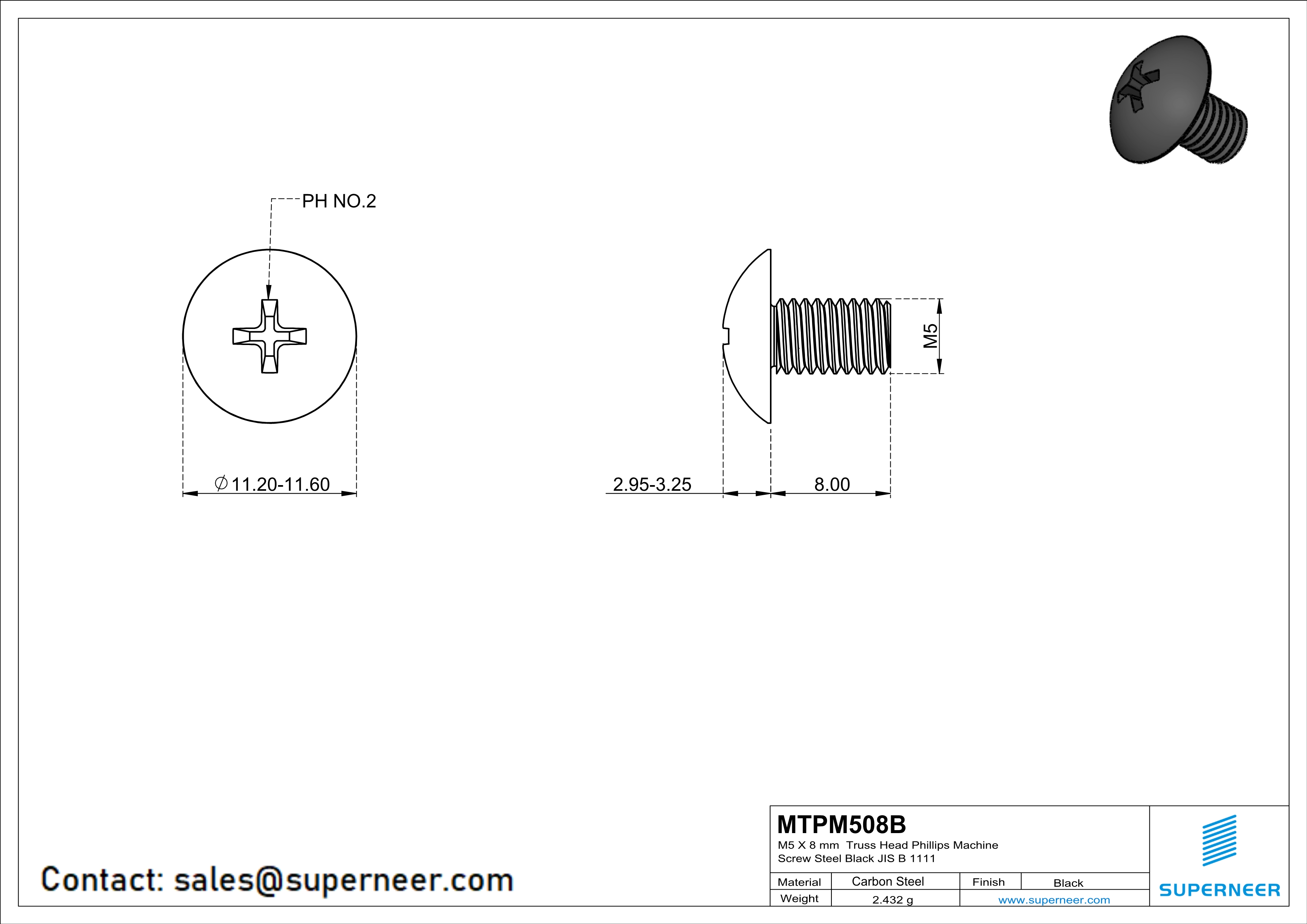 M5 x 8 mm Truss Head Phillips Machine Screw Steel Black JIS B 1111