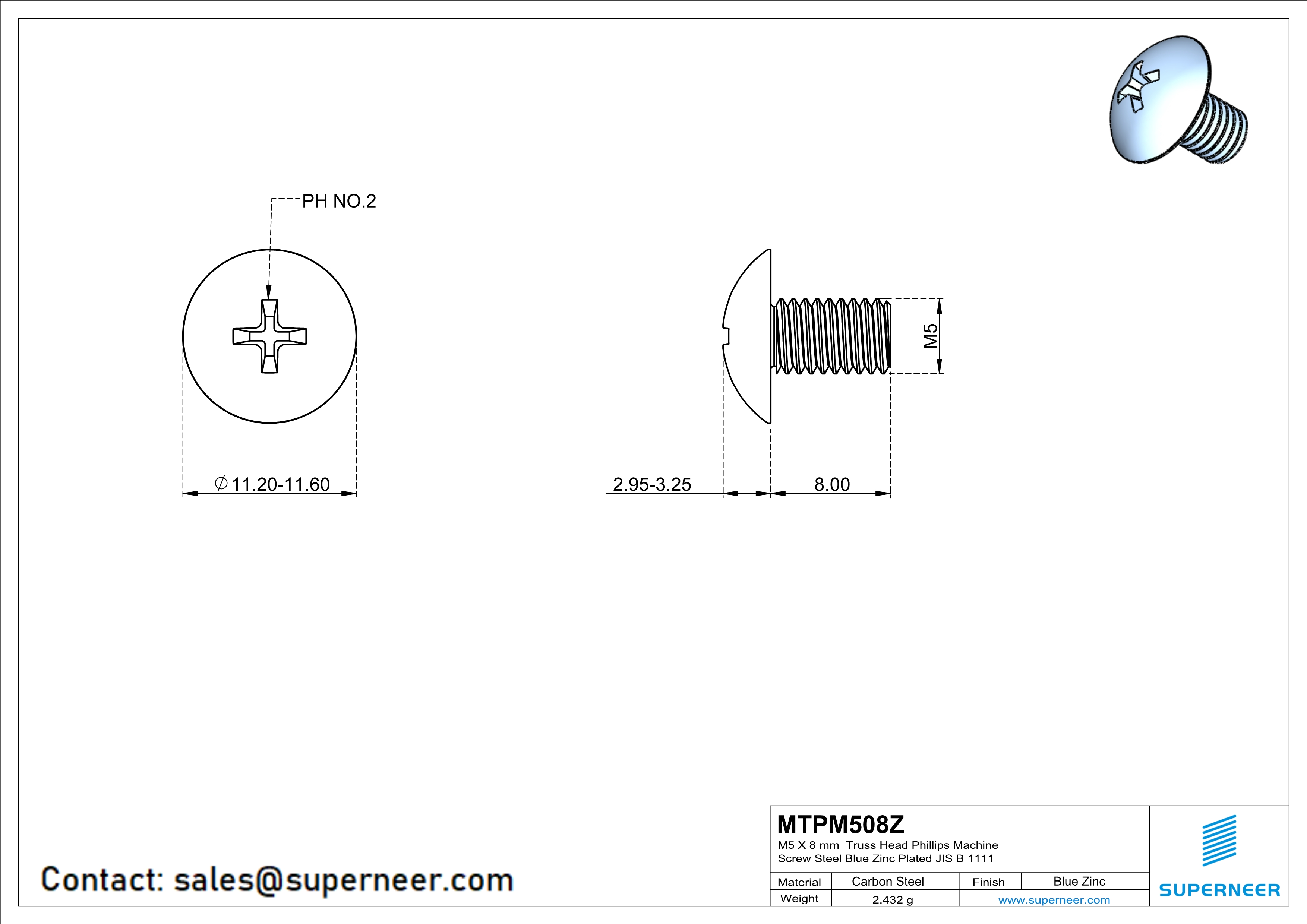 M5 x 8 mm Truss Head Phillips Machine Screw Steel Blue Zinc Plated JIS B 1111