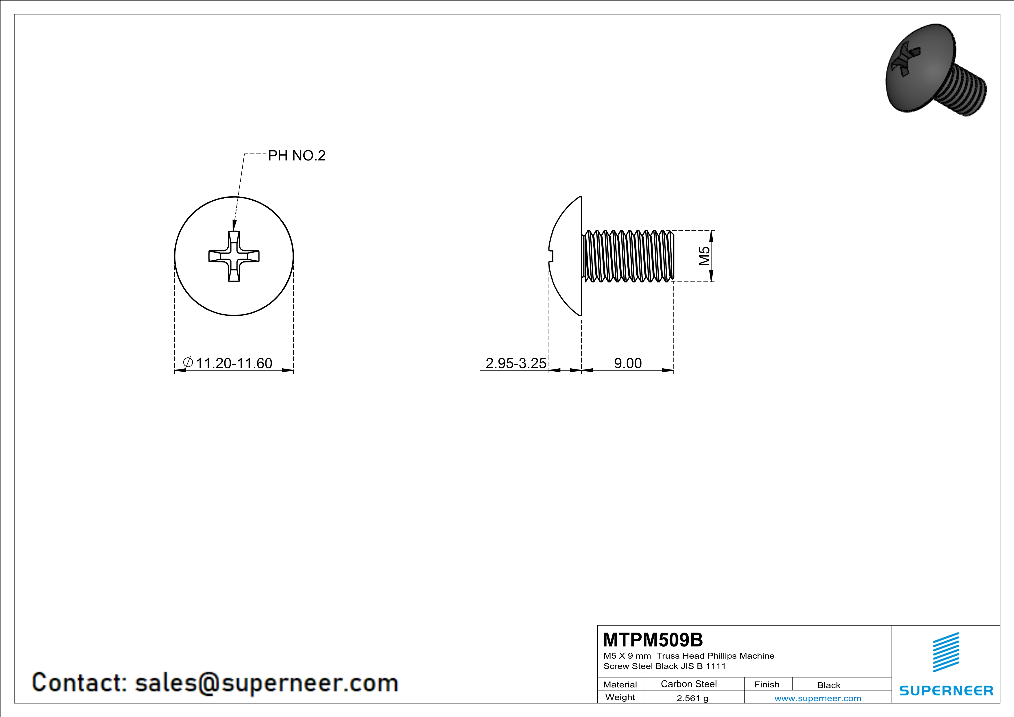 M5 x 9 mm Truss Head Phillips Machine Screw Steel Black JIS B 1111