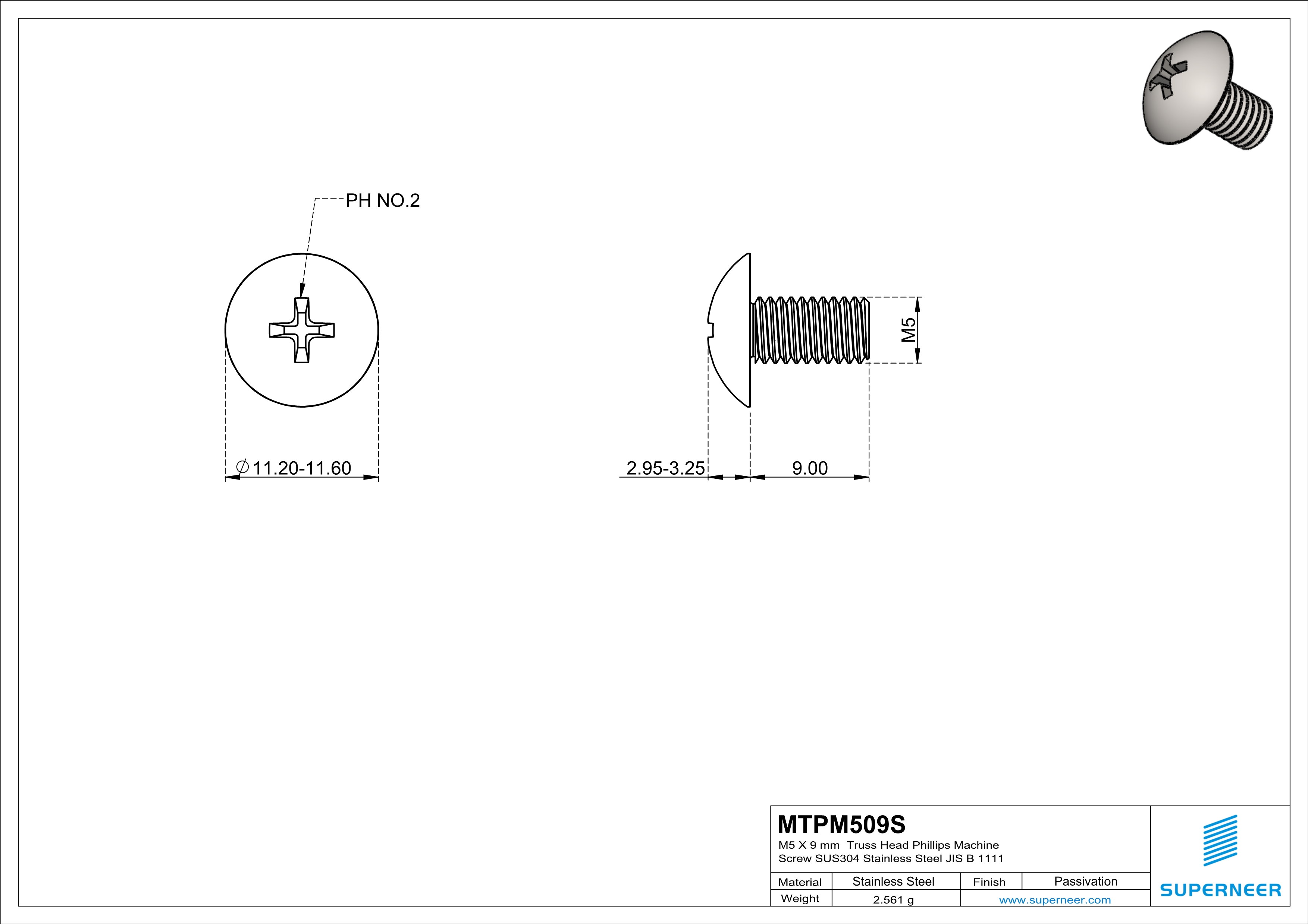 M5 x 9 mm  Truss Head Phillips Machine Screw SUS304 Stainless Steel Inox JIS B 1111