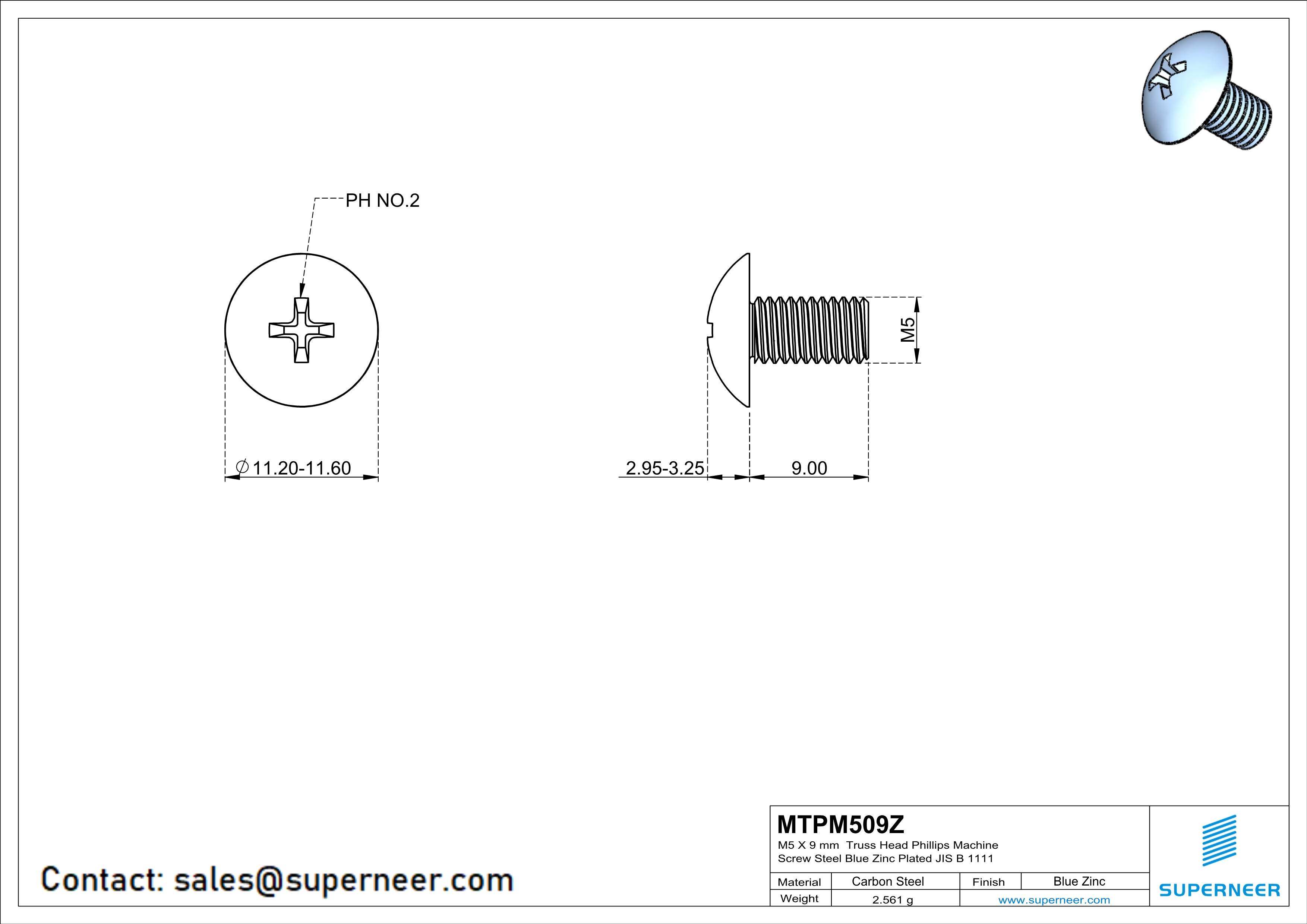 M5 x 9 mm Truss Head Phillips Machine Screw Steel Blue Zinc Plated JIS B 1111