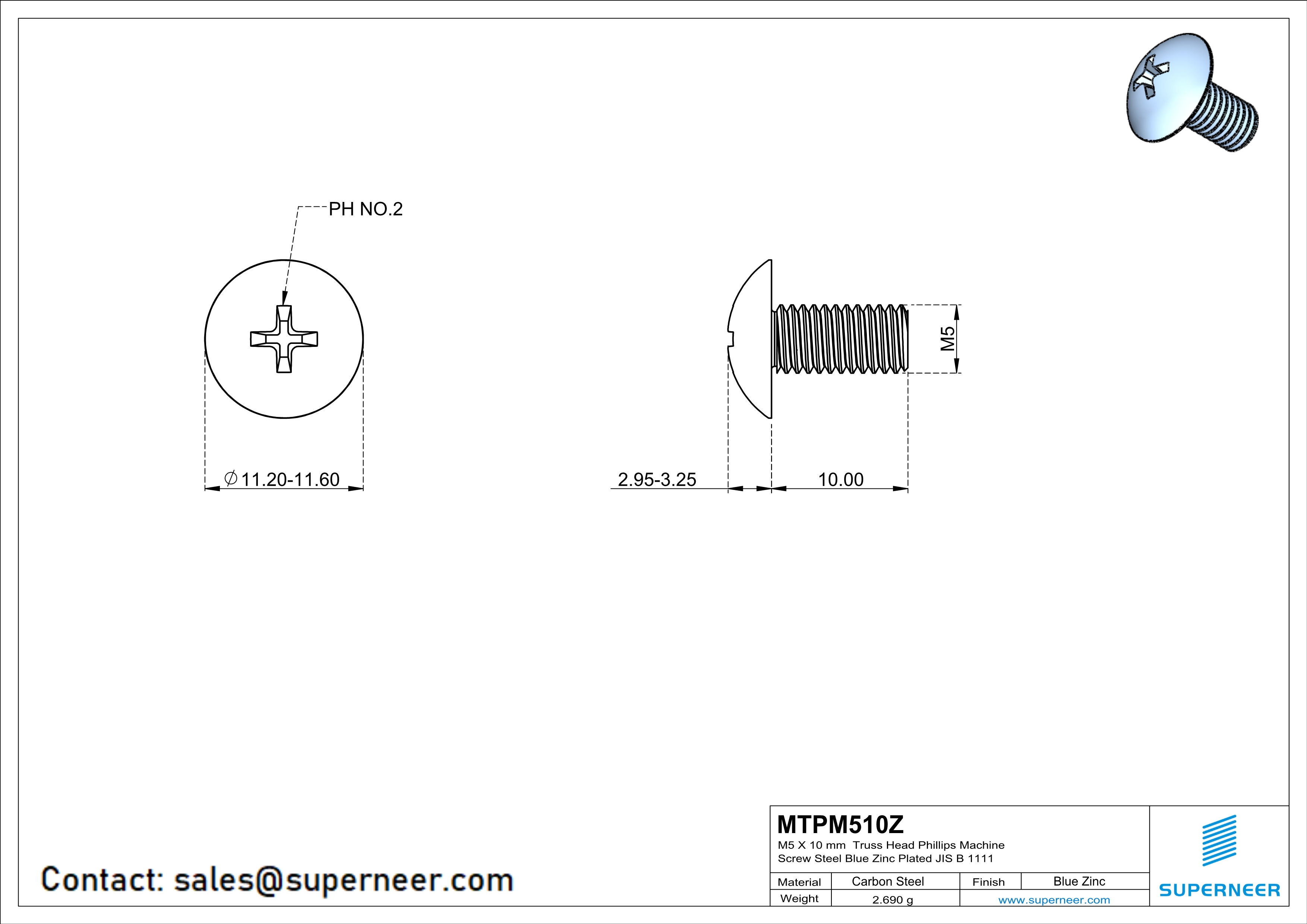 M5 x 10 mm Truss Head Phillips Machine Screw Steel Blue Zinc Plated JIS B 1111