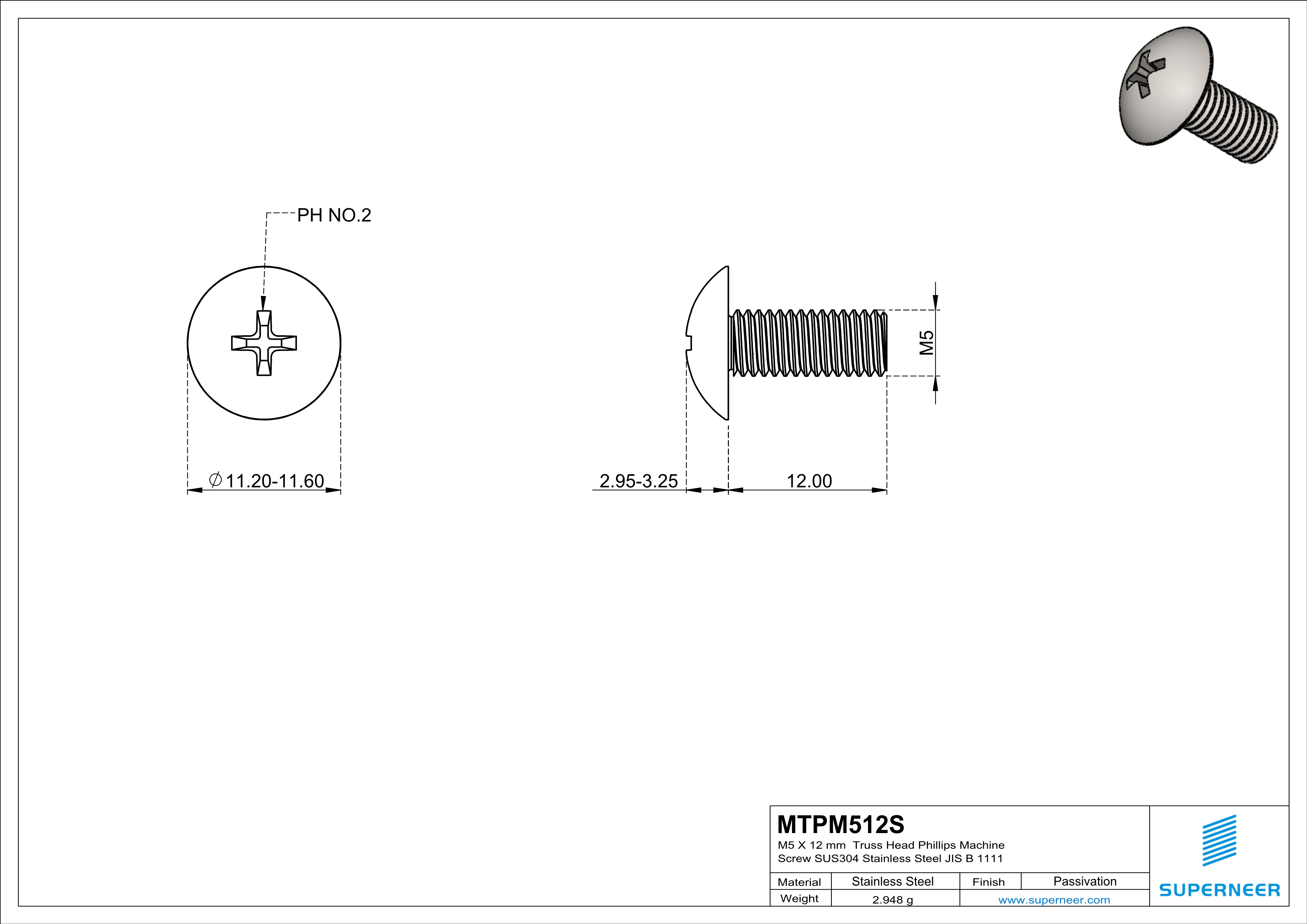 M5 x 12 mm  Truss Head Phillips Machine Screw SUS304 Stainless Steel Inox JIS B 1111