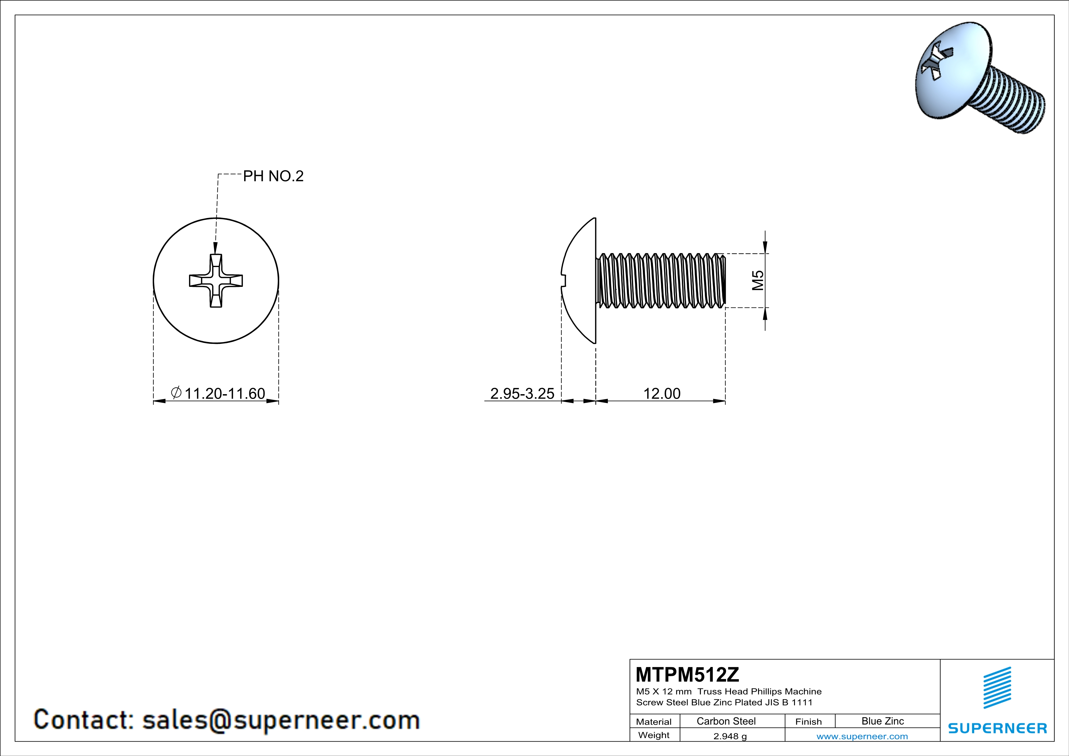 M5 x 12 mm Truss Head Phillips Machine Screw Steel Blue Zinc Plated JIS B 1111