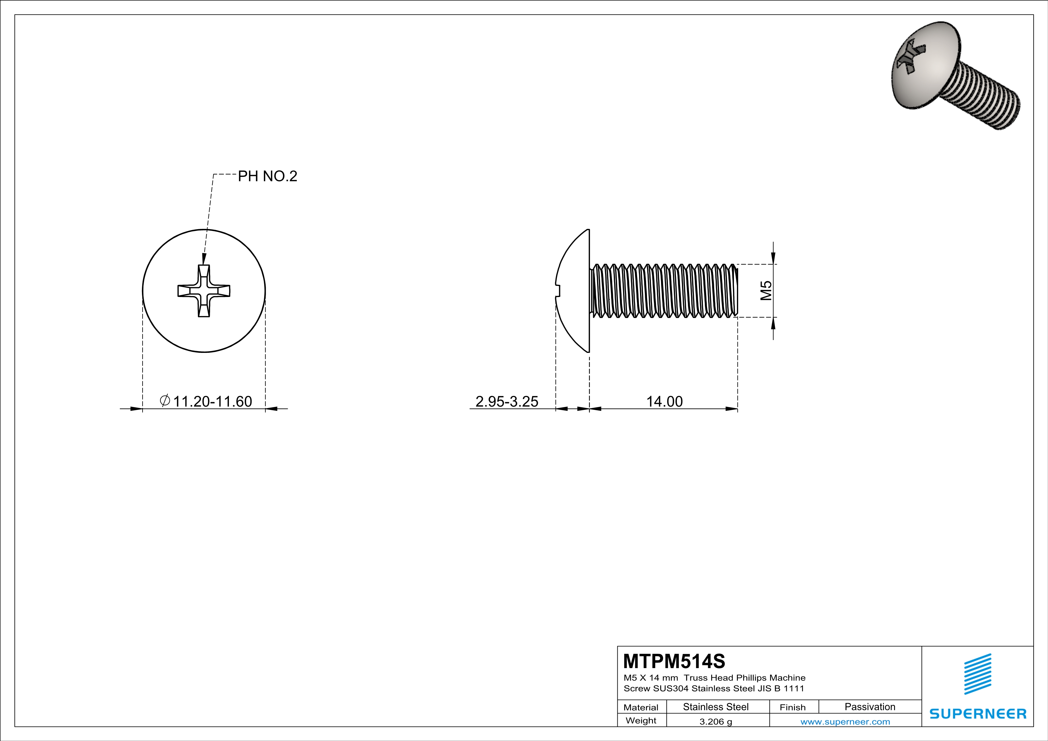 M5 x 14 mm  Truss Head Phillips Machine Screw SUS304 Stainless Steel Inox JIS B 1111