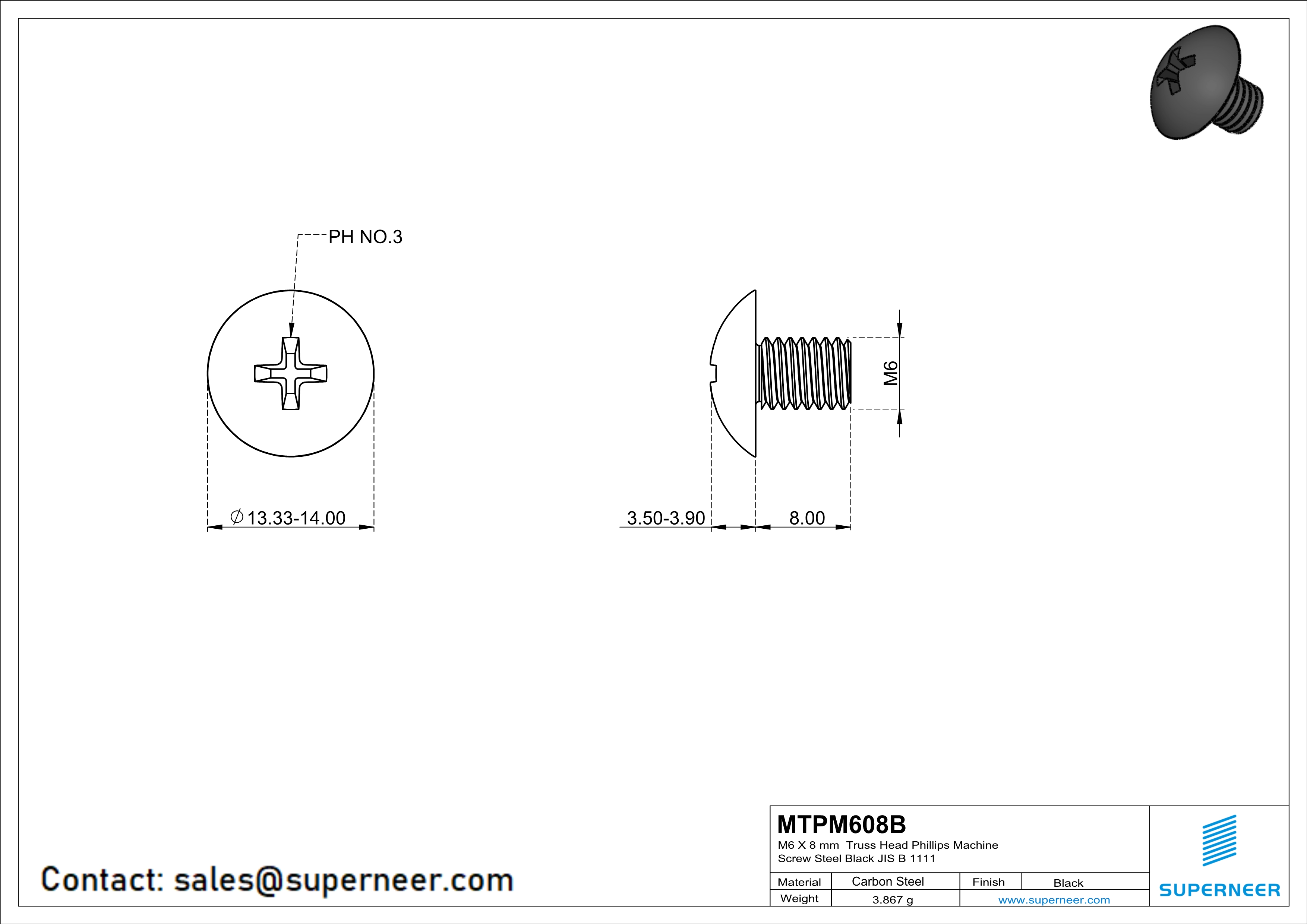 M6 x 8 mm Truss Head Phillips Machine Screw Steel Black JIS B 1111