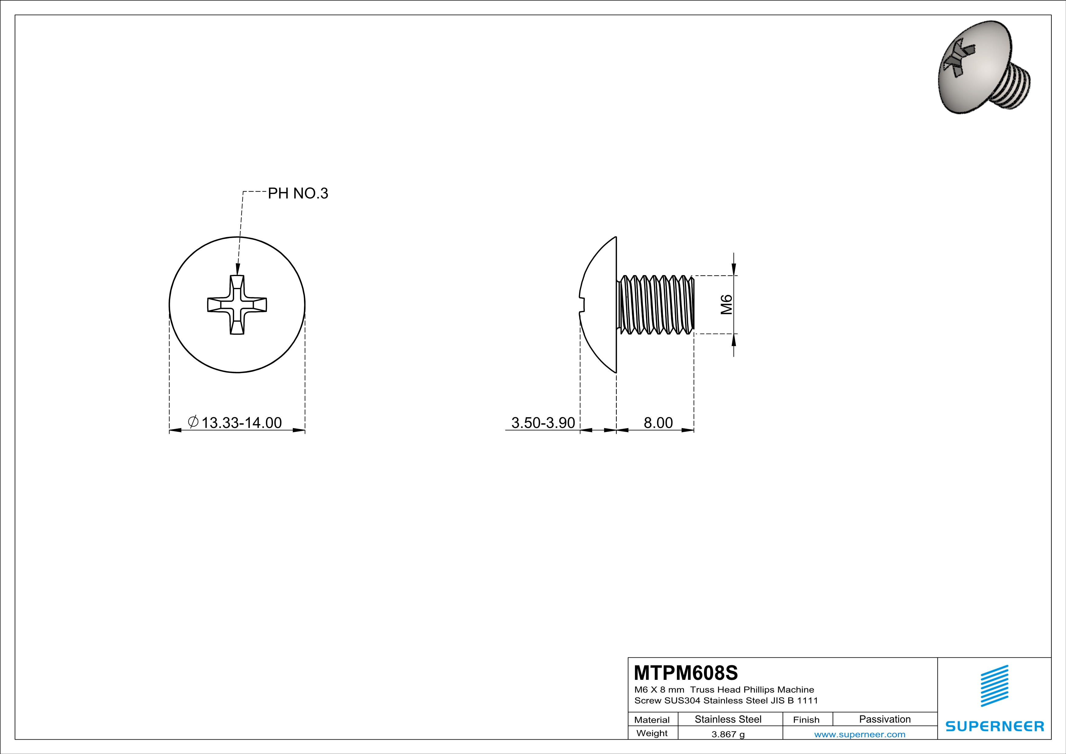 M6 x 8 mm  Truss Head Phillips Machine Screw SUS304 Stainless Steel Inox JIS B 1111