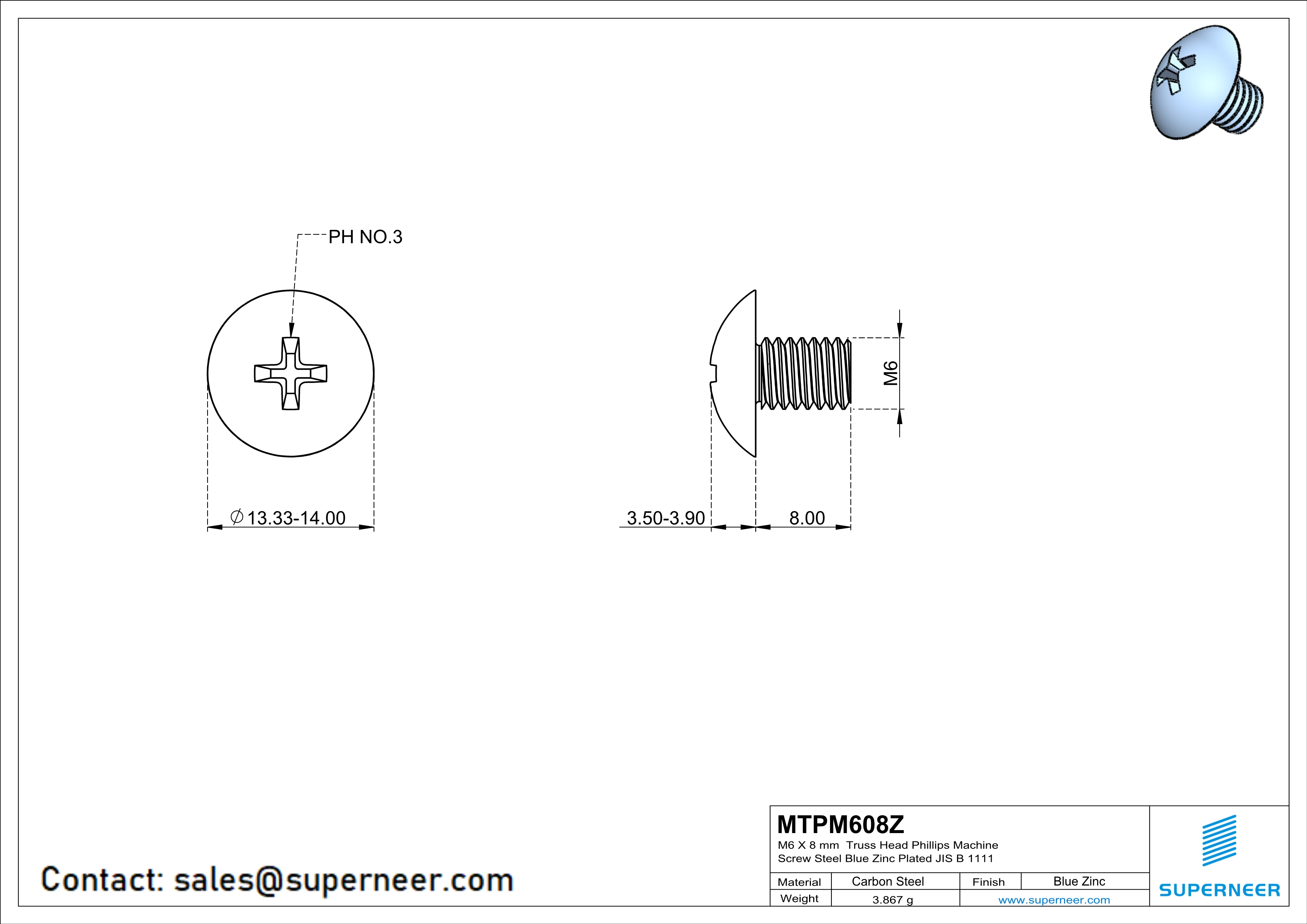 M6 x 8 mm Truss Head Phillips Machine Screw Steel Blue Zinc Plated JIS B 1111