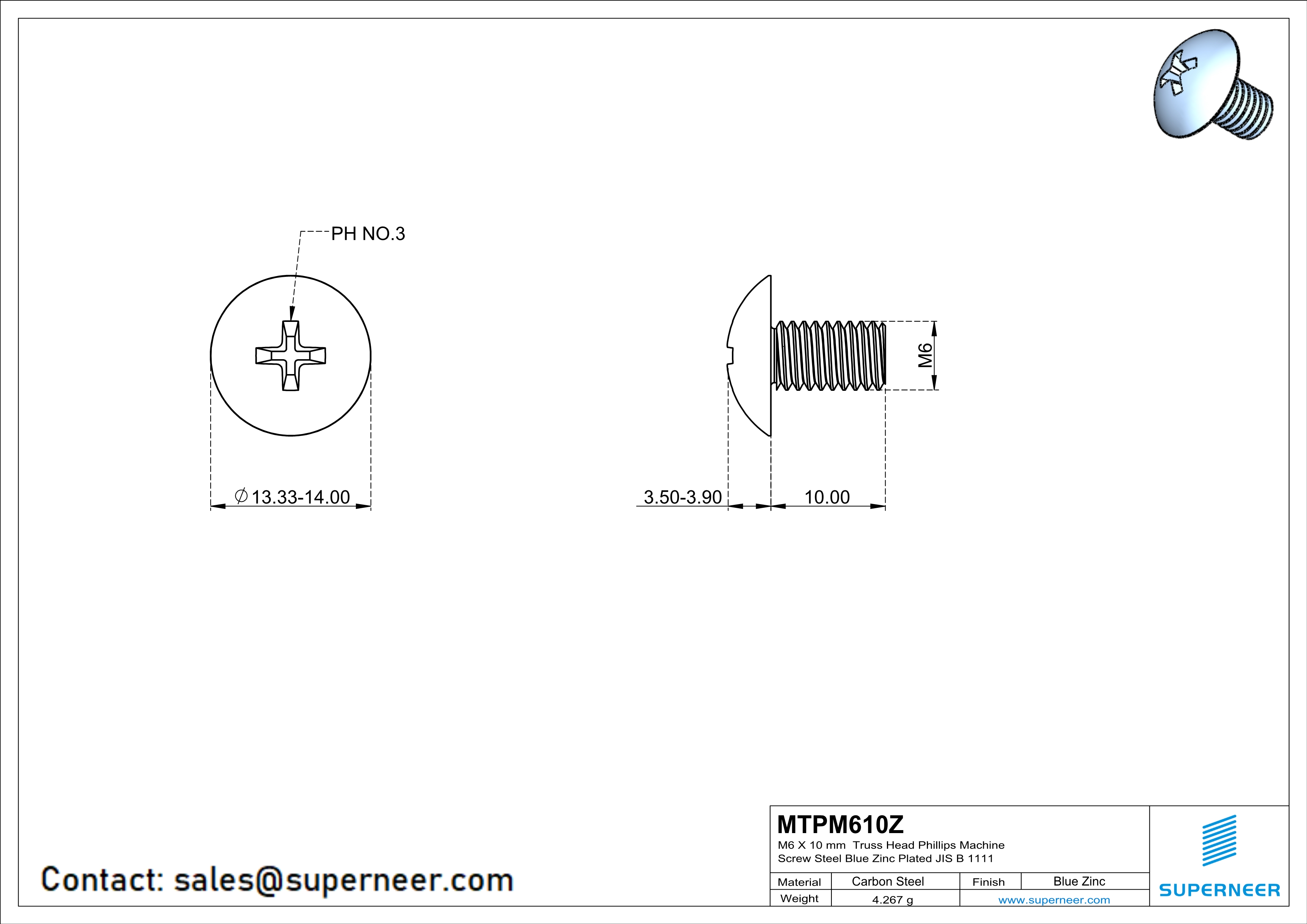 M6 x 10 mm Truss Head Phillips Machine Screw Steel Blue Zinc Plated JIS B 1111