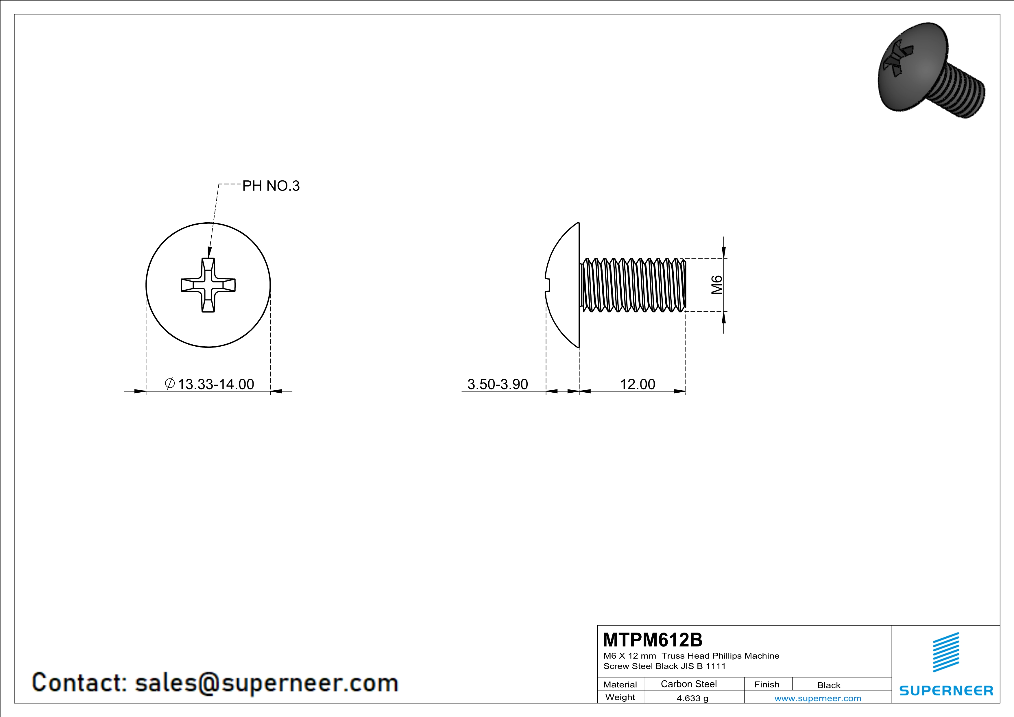 M6 x 12 mm Truss Head Phillips Machine Screw Steel Black JIS B 1111