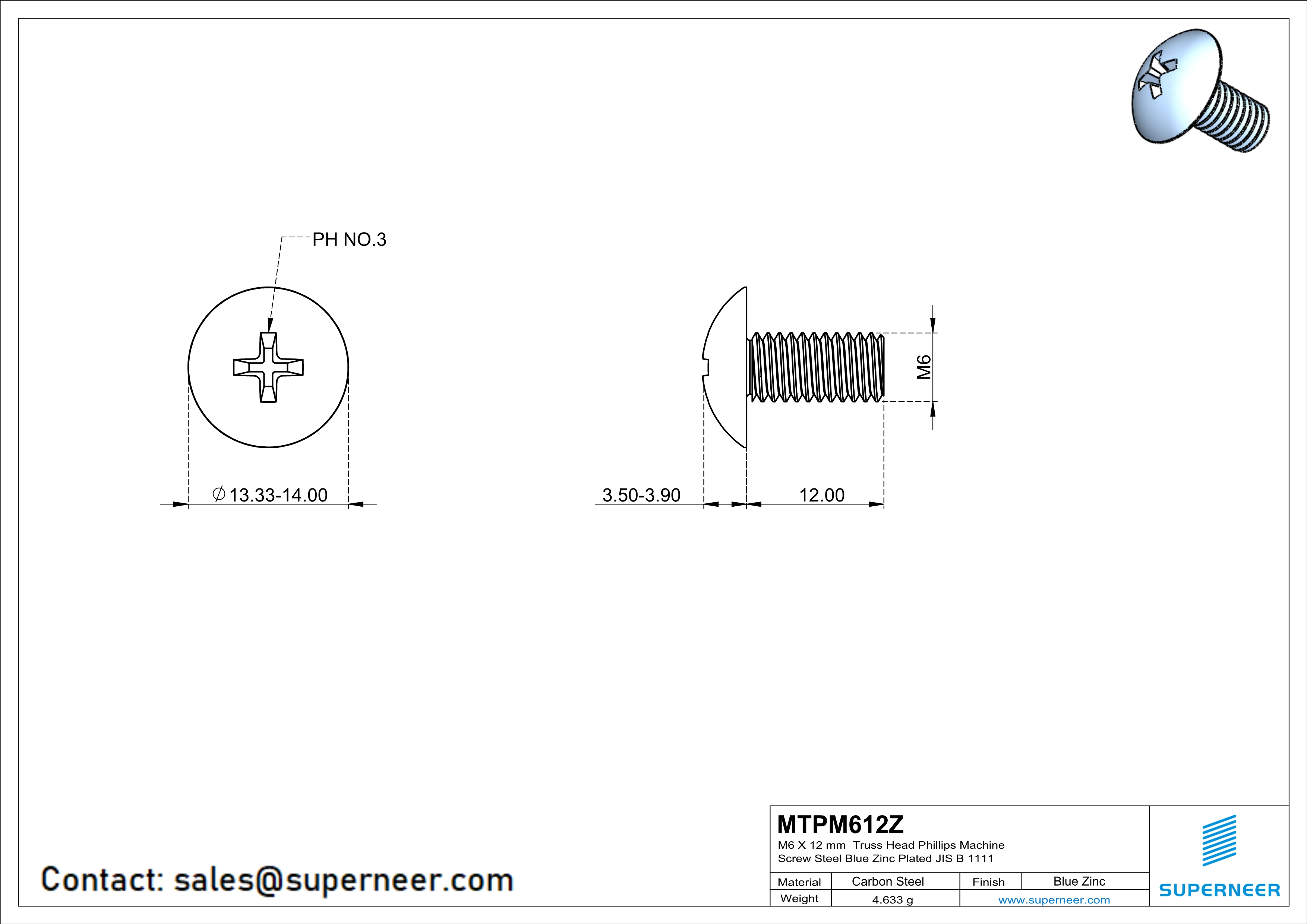 M6 x 12 mm Truss Head Phillips Machine Screw Steel Blue Zinc Plated JIS B 1111