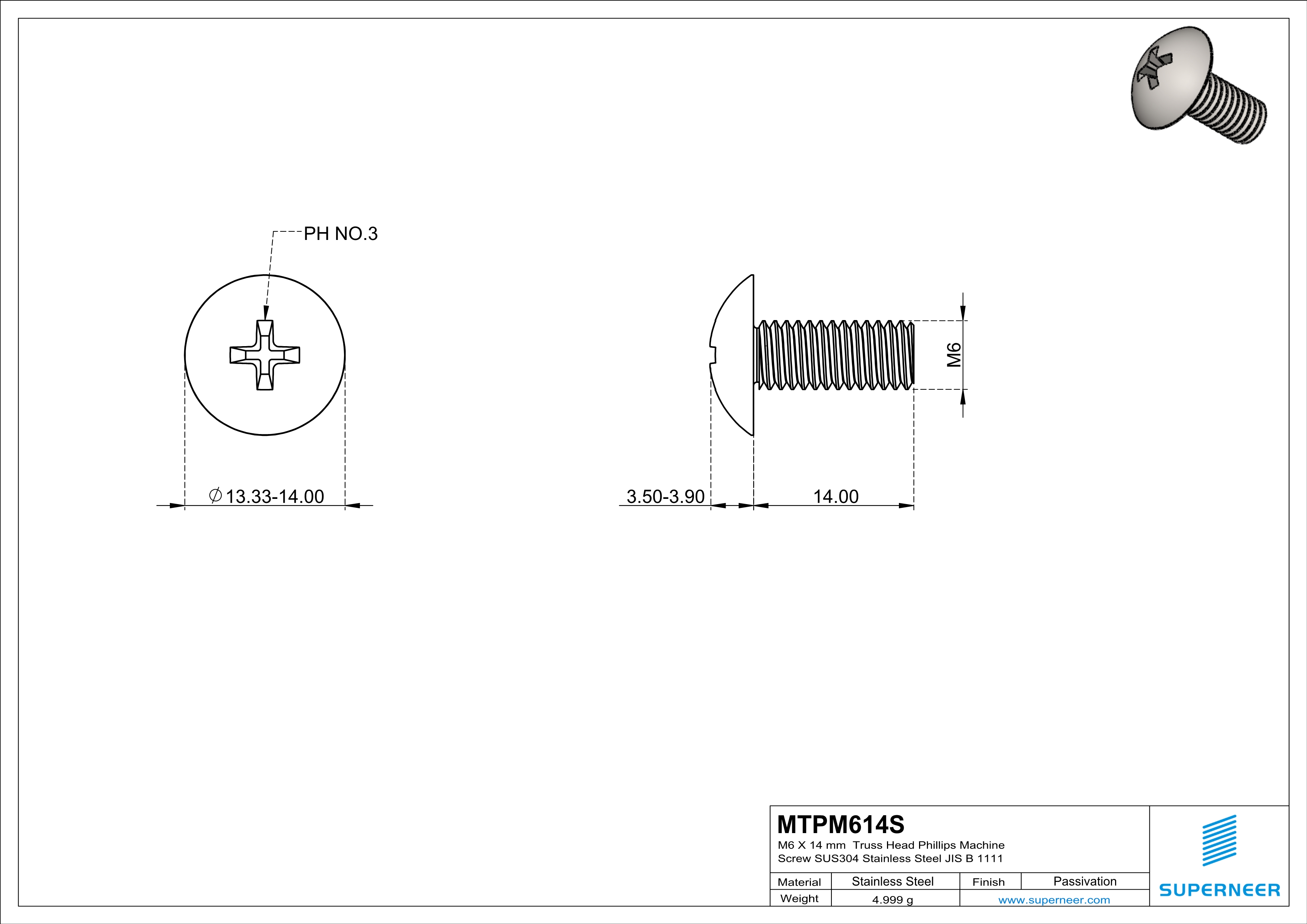 M6 x 14 mm  Truss Head Phillips Machine Screw SUS304 Stainless Steel Inox JIS B 1111