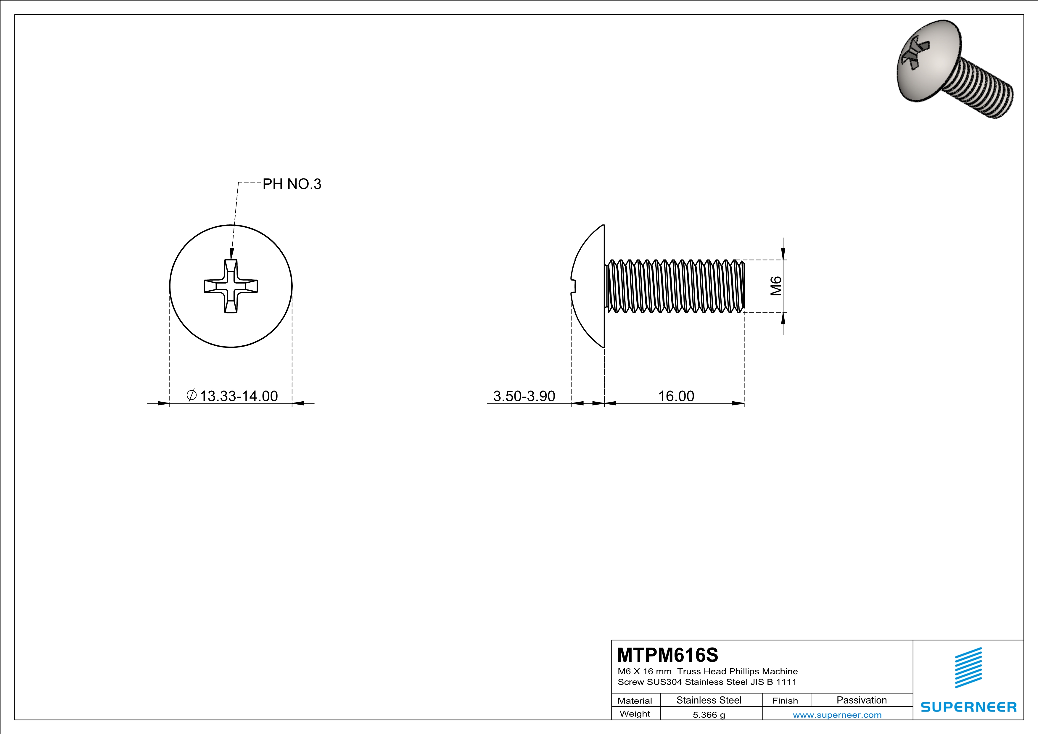 M6 x 16 mm  Truss Head Phillips Machine Screw SUS304 Stainless Steel Inox JIS B 1111