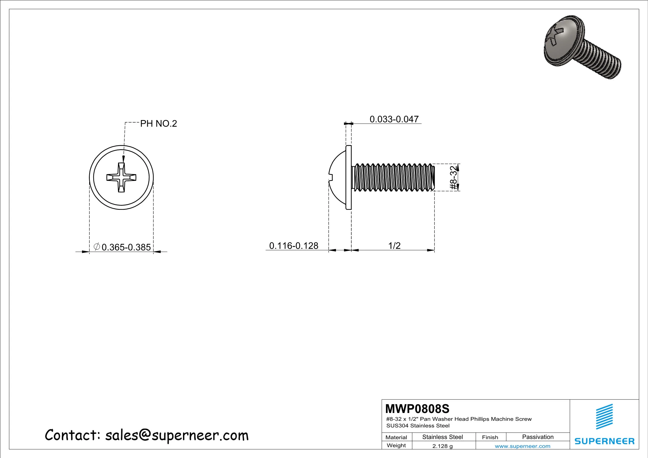 8-32 x 1/2"  Pan Washer Head Phillips Machine Screws SUS304 Stainless Steel Inox