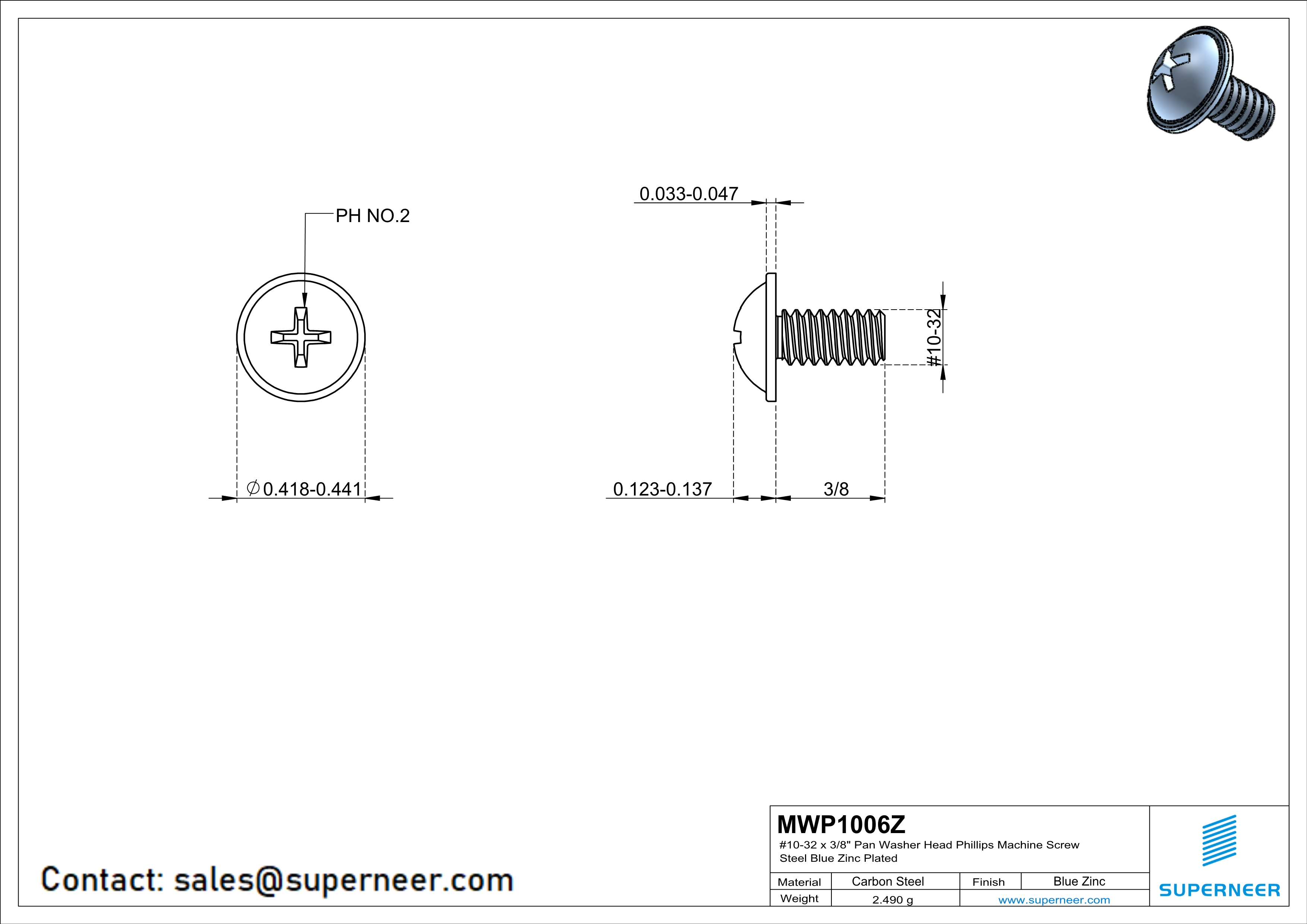 10-32 x 3/8"  Pan Washer Head Phillips Machine Screws Steel Blue Zinc Plated