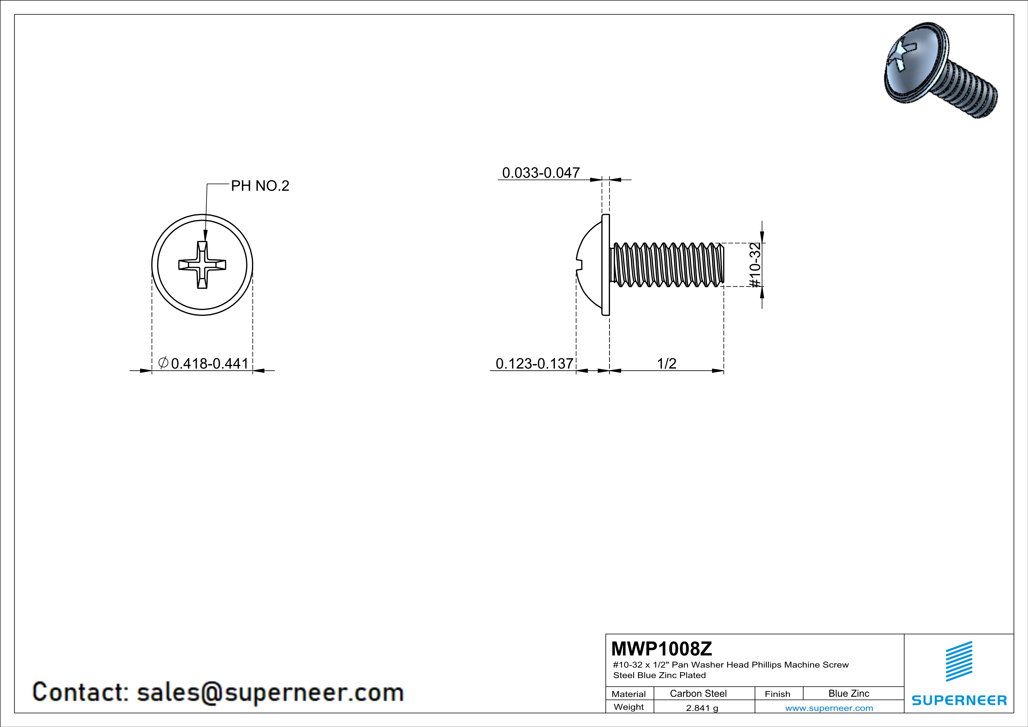 10-32 x 1/2"  Pan Washer Head Phillips Machine Screws Steel Blue Zinc Plated