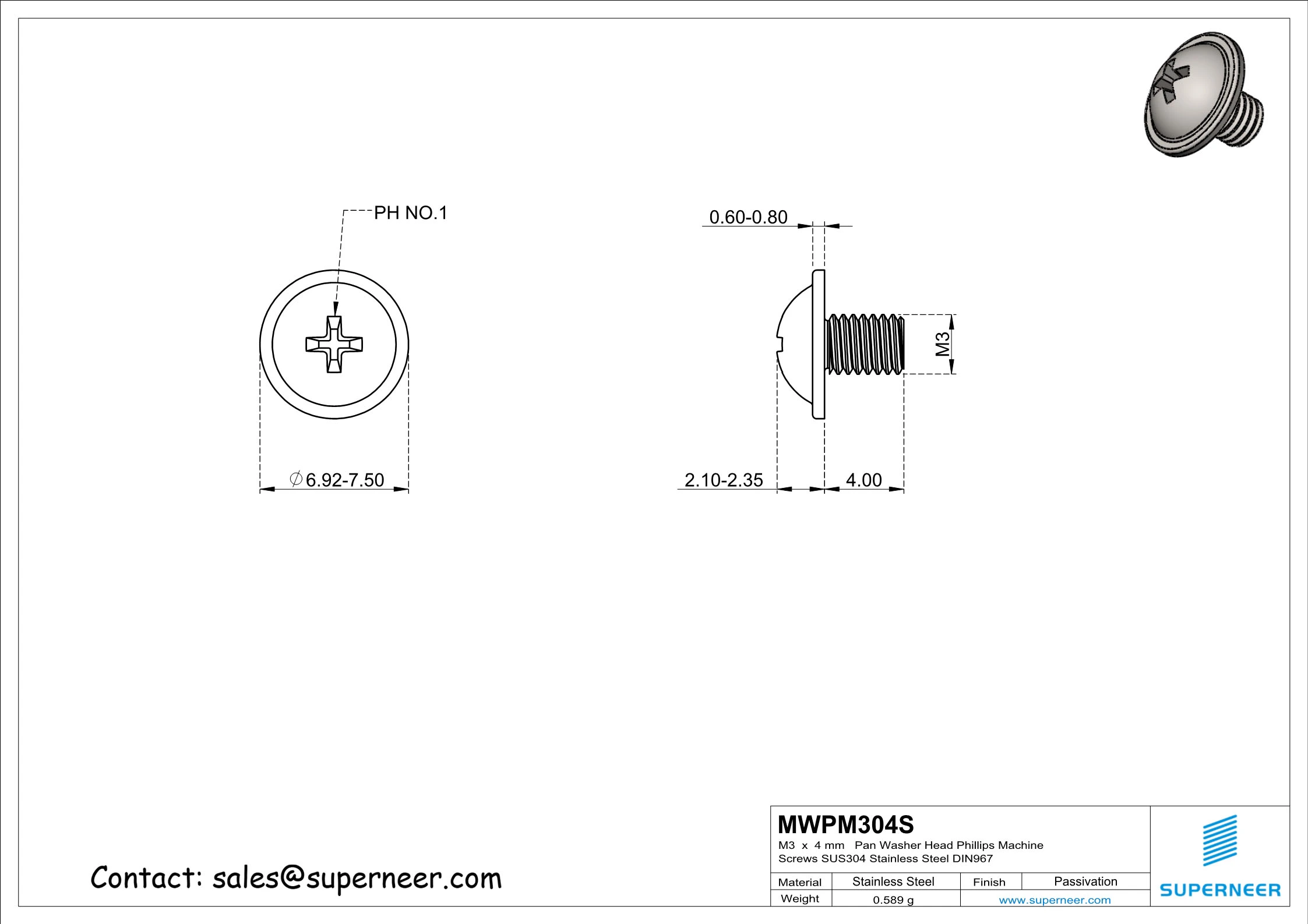 M3 x 4 mm Pan Washer Head Phillips Machine Screws SUS304 Stainless Steel Inox DIN967