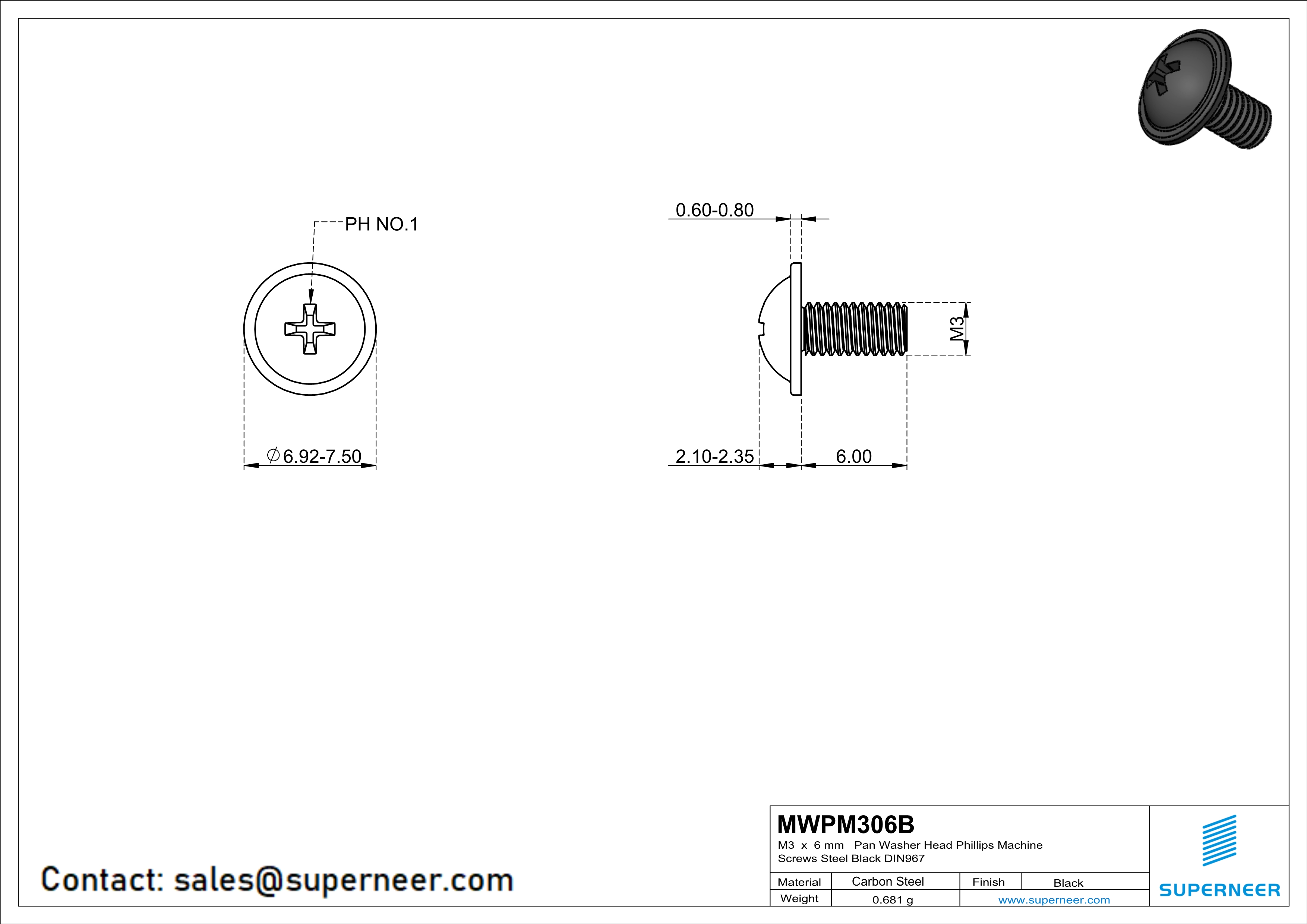 M3 x 6 mm  Pan Washer Head Phillips Machine Screws Steel Black DIN967