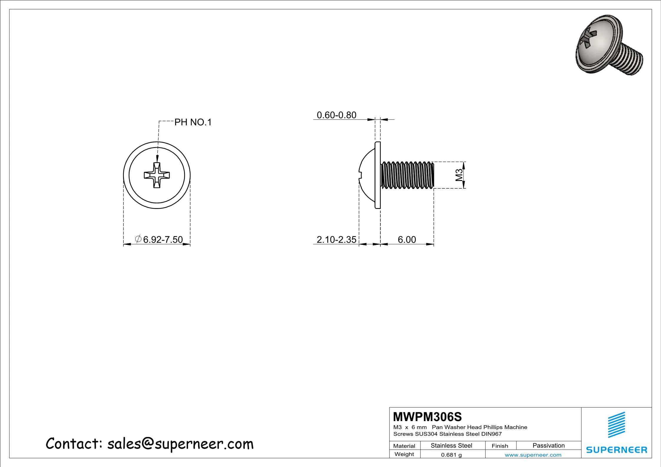 M3 x 6 mm Pan Washer Head Phillips Machine Screws SUS304 Stainless Steel Inox DIN967