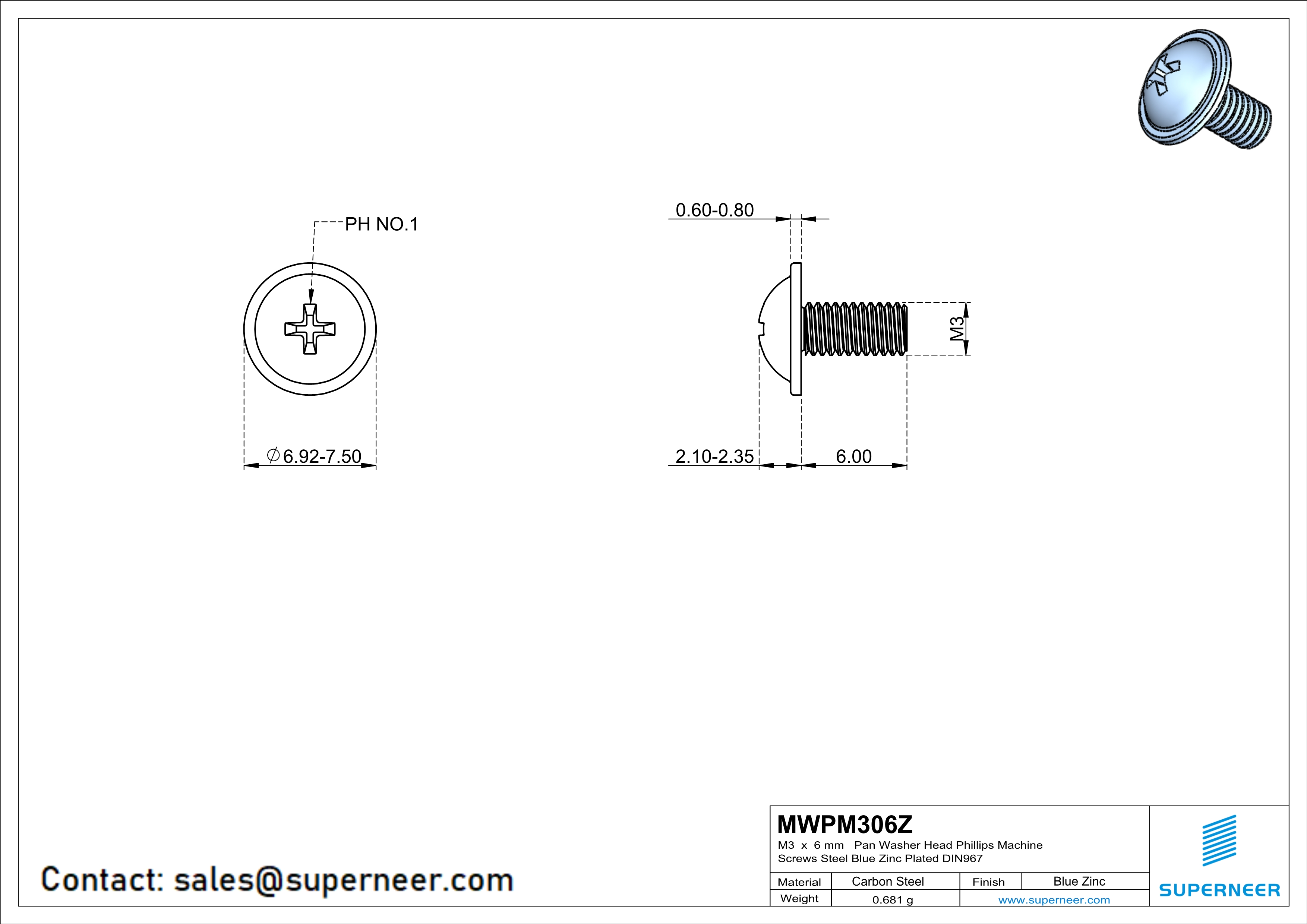 M3 x 6 mm  Pan Washer Head Phillips Machine Screws Steel Blue Zinc Plated DIN967