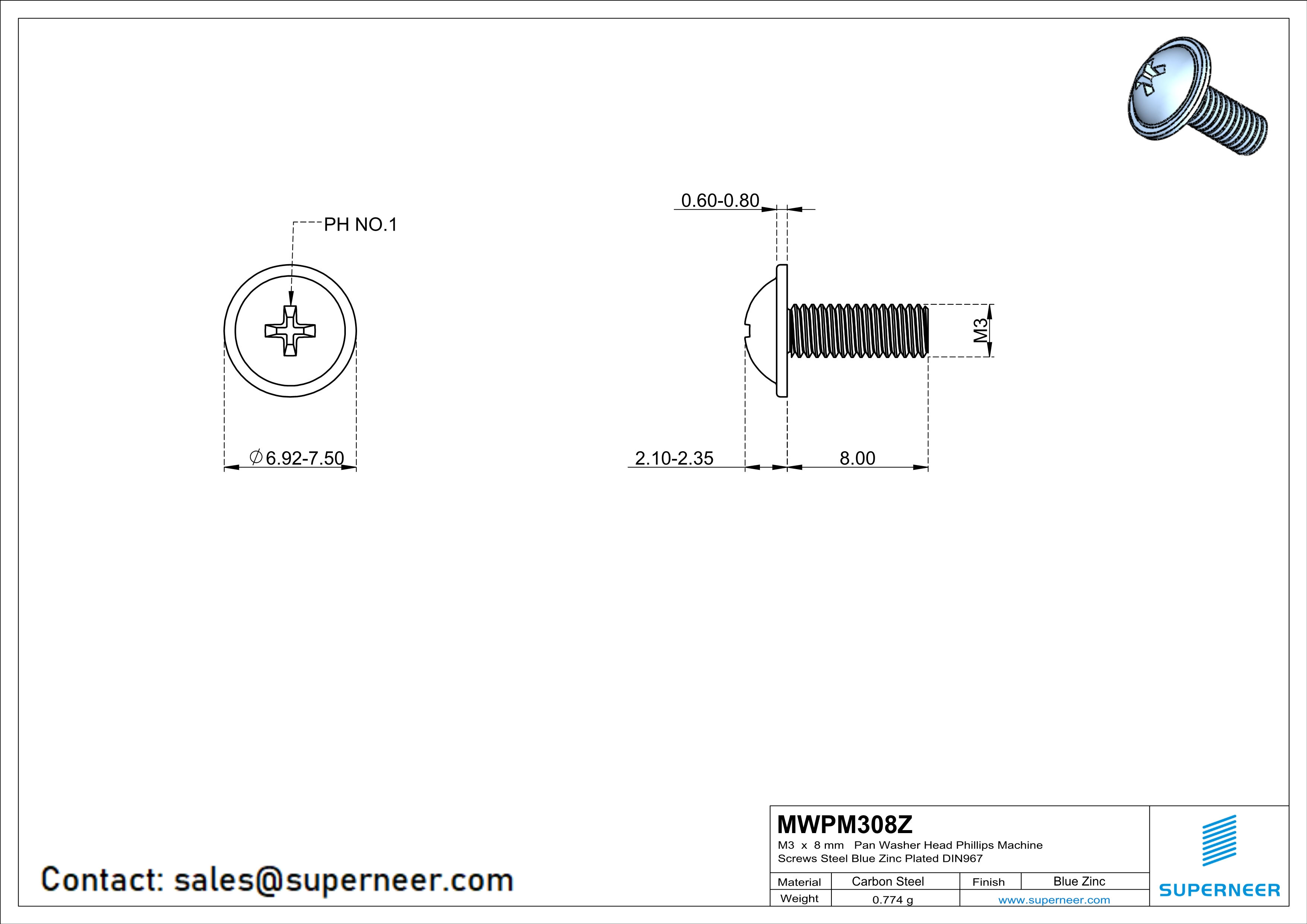 M3 x 8 mm  Pan Washer Head Phillips Machine Screws Steel Blue Zinc Plated DIN967