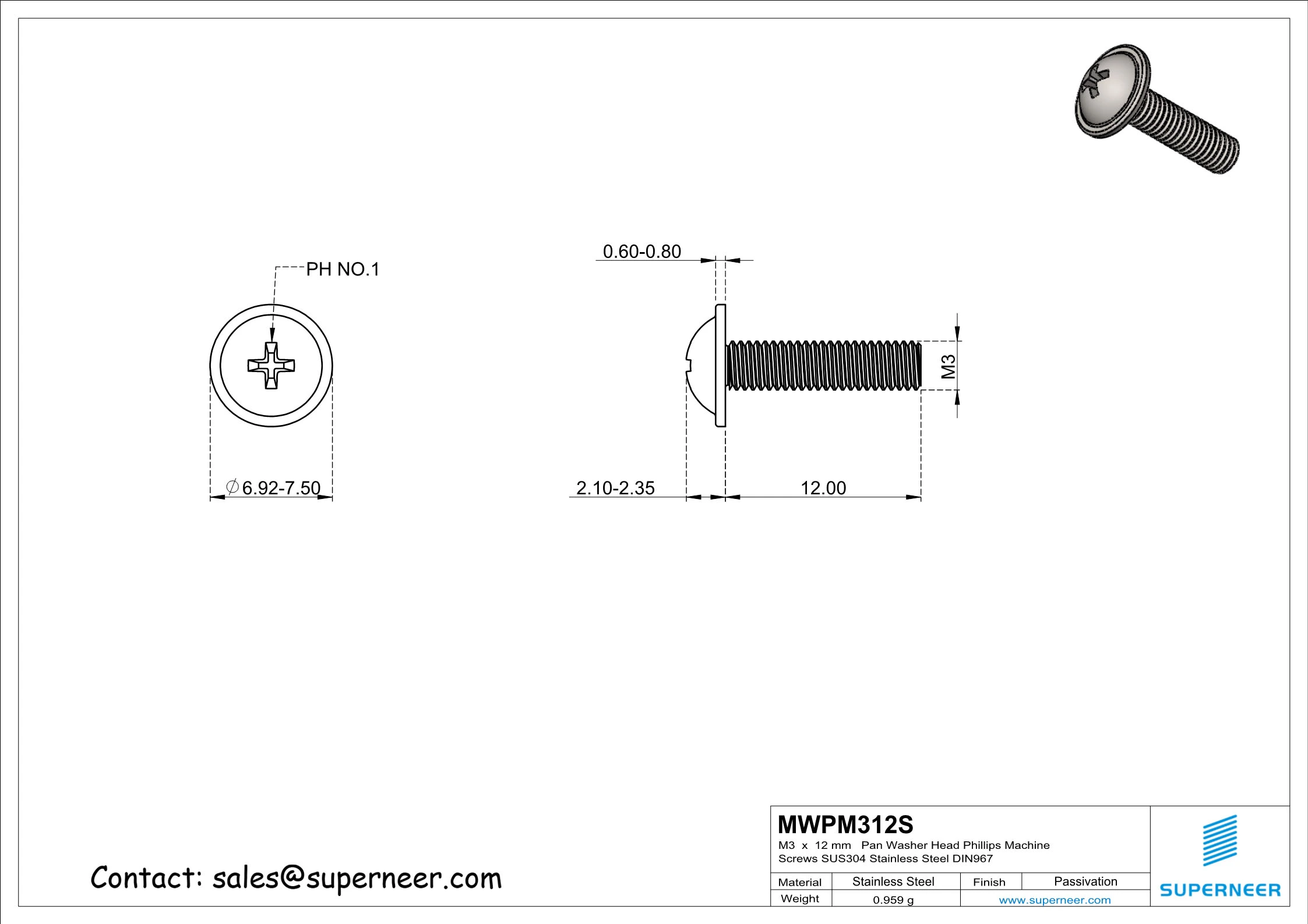 M3 x 12 mm  Pan Washer Head Phillips Machine Screws SUS304 Stainless Steel Inox DIN967