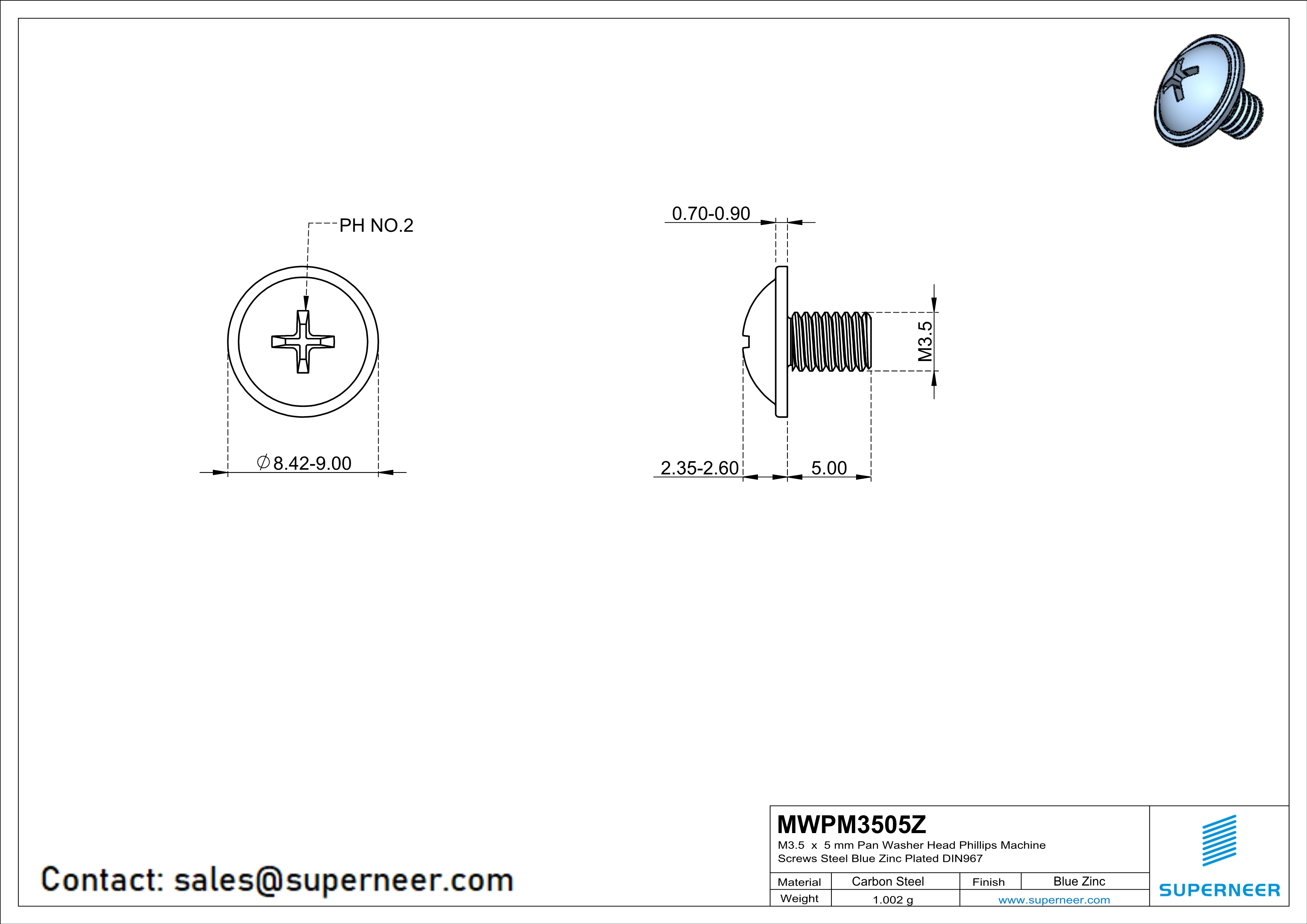 M3.5 x 5 mm  Pan Washer Head Phillips Machine Screws Steel Blue Zinc Plated DIN967
