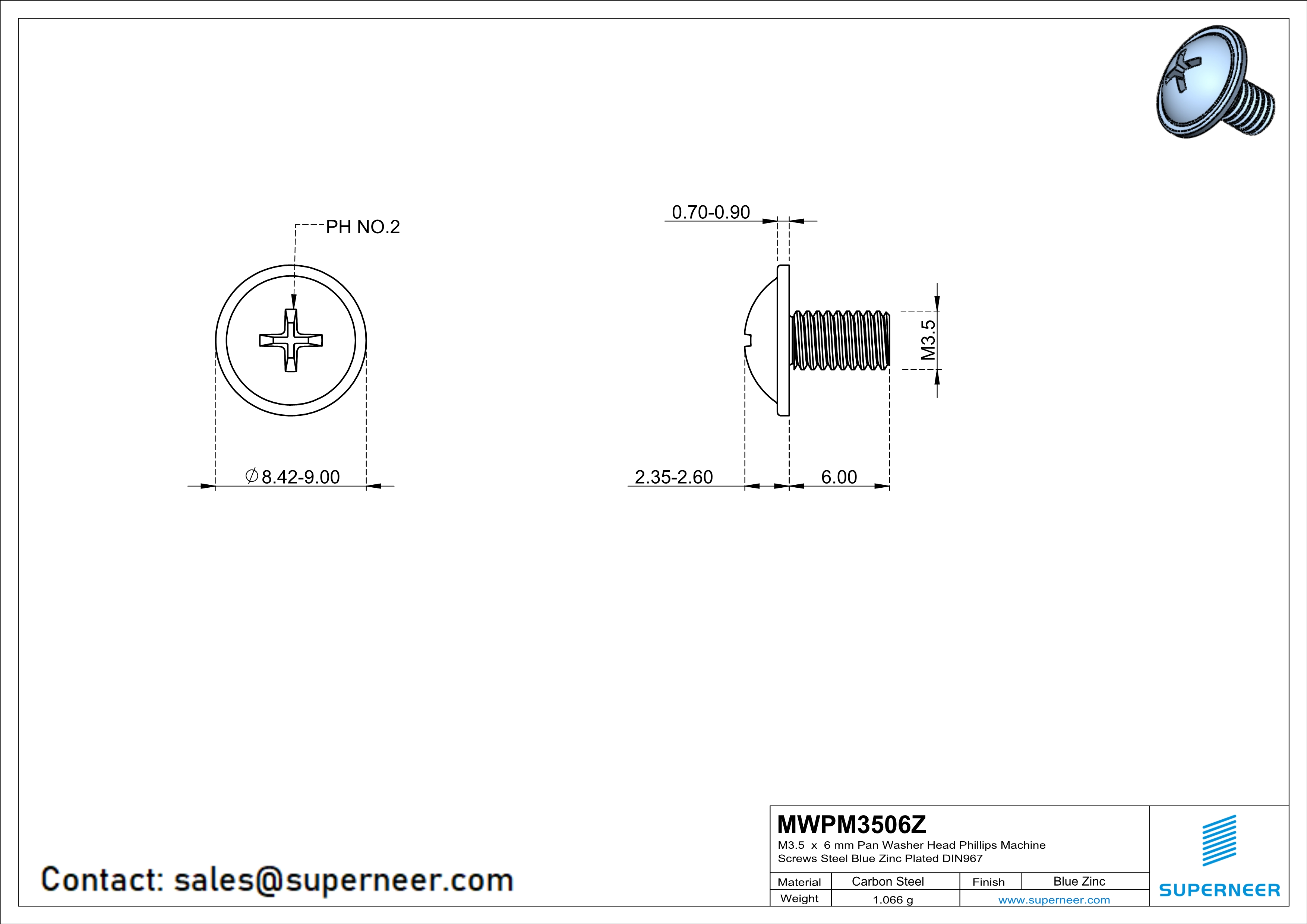 M3.5 x 6 mm  Pan Washer Head Phillips Machine Screws Steel Blue Zinc Plated DIN967