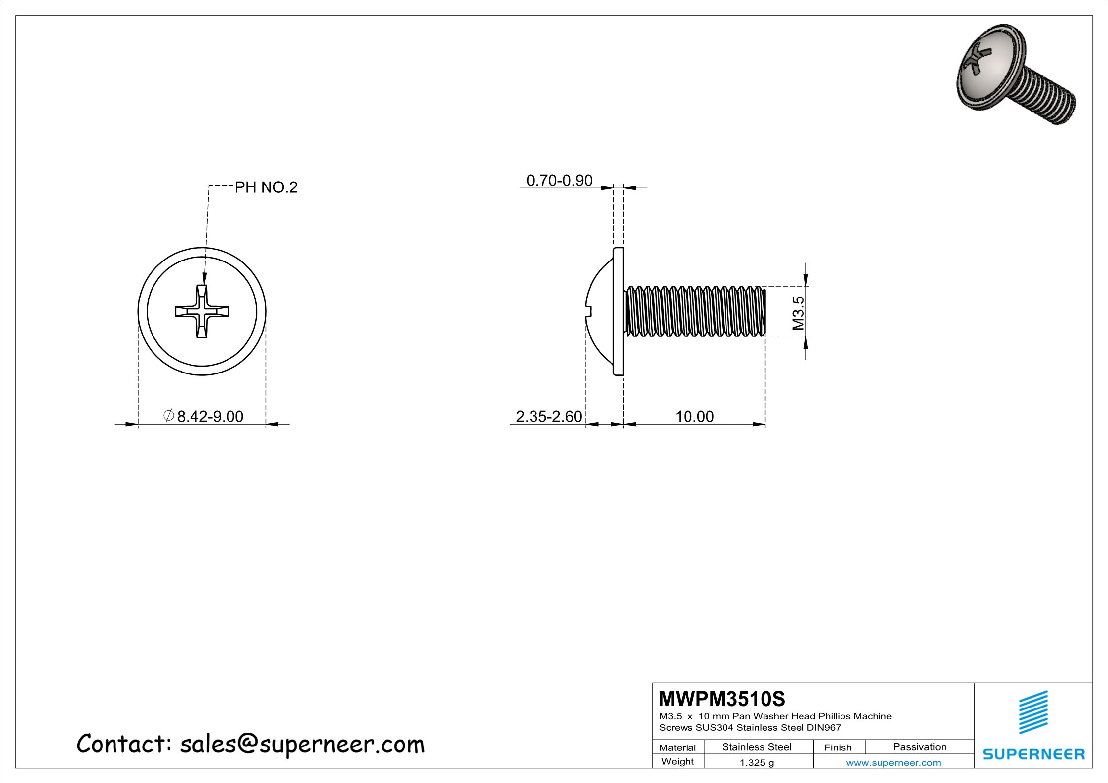 M3.5 x 10 mm  Pan Washer Head Phillips Machine Screws SUS304 Stainless Steel Inox DIN967