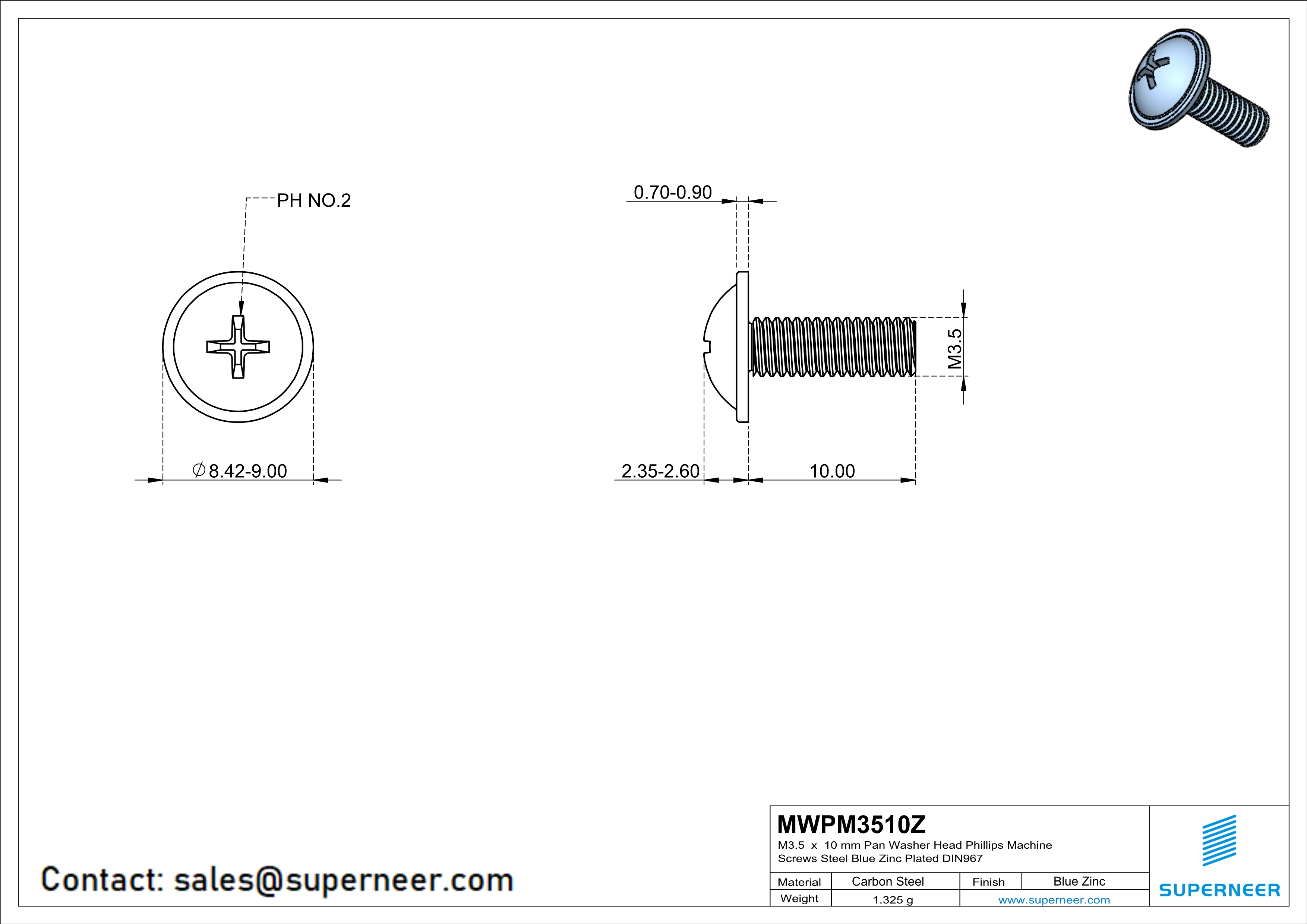 M3.5 x 10 mm  Pan Washer Head Phillips Machine Screws Steel Blue Zinc Plated DIN967
