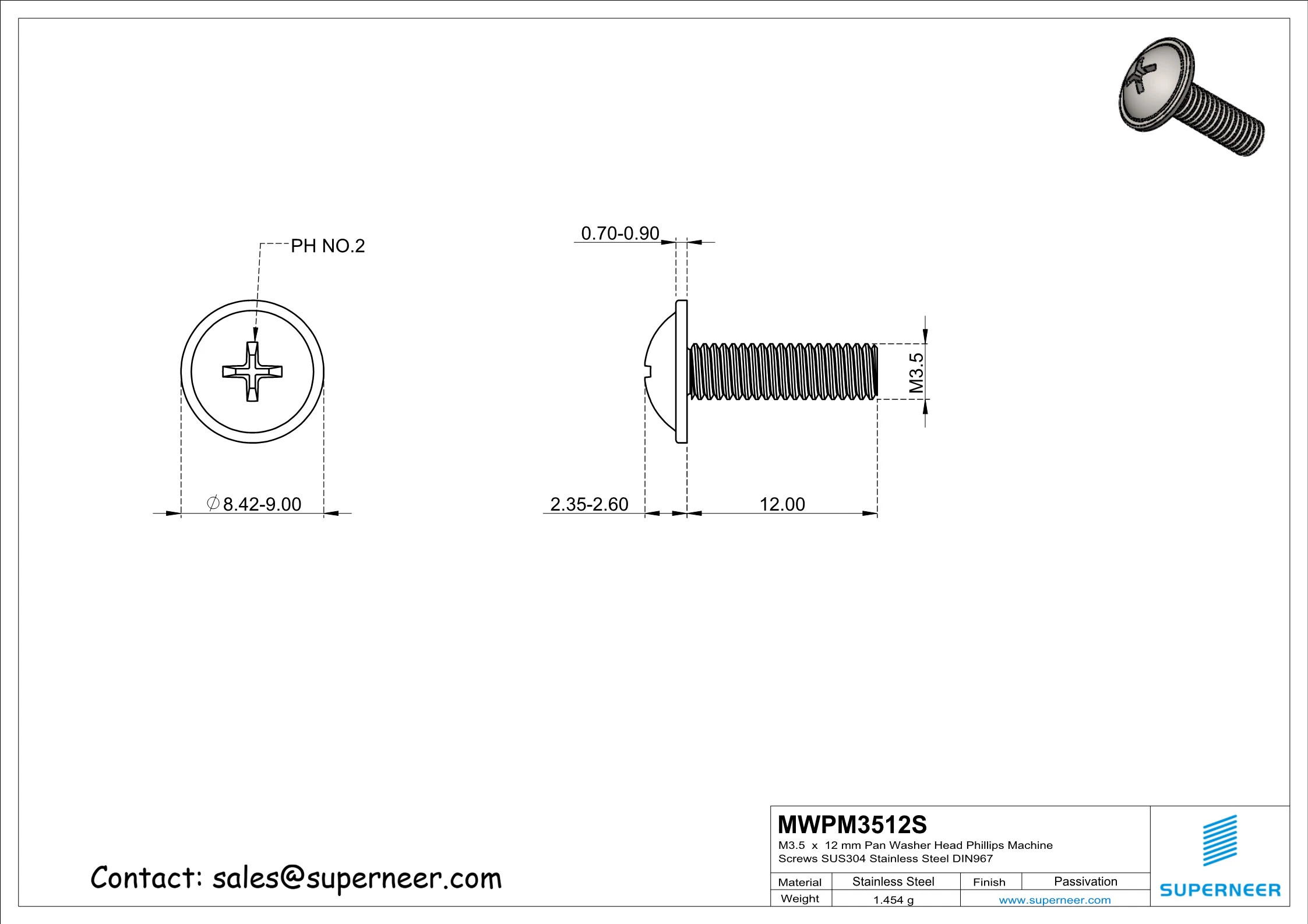 M3.5 x 12 mm  Pan Washer Head Phillips Machine Screws SUS304 Stainless Steel Inox DIN967