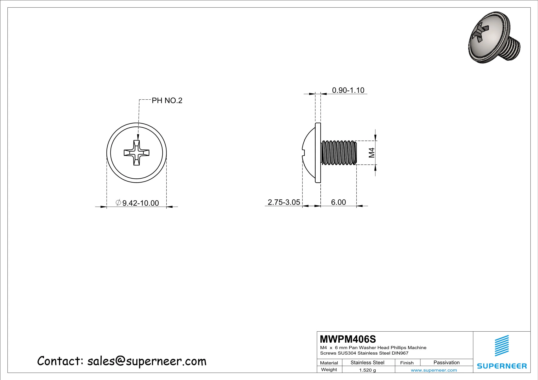 M4 x 6 mm  Pan Washer Head Phillips Machine Screws SUS304 Stainless Steel Inox DIN967