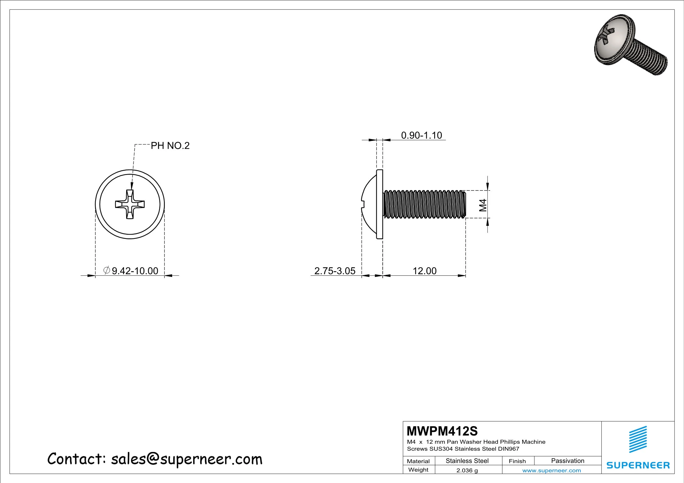 M4 x 12 mm  Pan Washer Head Phillips Machine Screws SUS304 Stainless Steel Inox DIN967