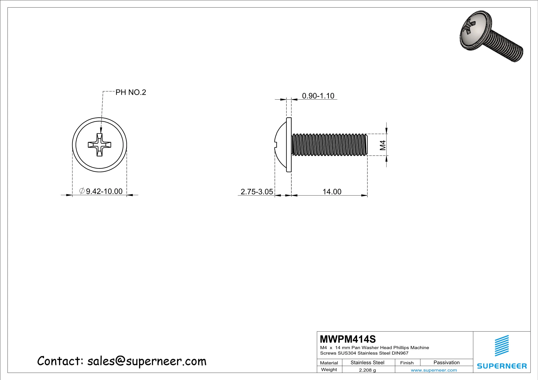 M4 x 14 mm  Pan Washer Head Phillips Machine Screws SUS304 Stainless Steel Inox DIN967