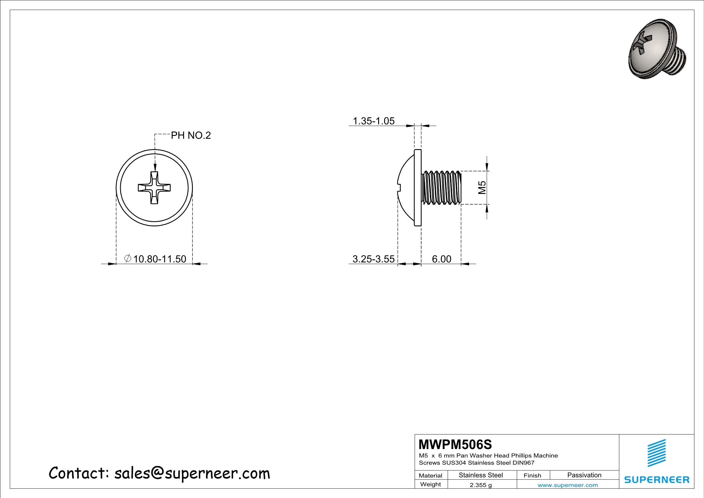 M5 x 6 mm  Pan Washer Head Phillips Machine Screws SUS304 Stainless Steel Inox DIN967