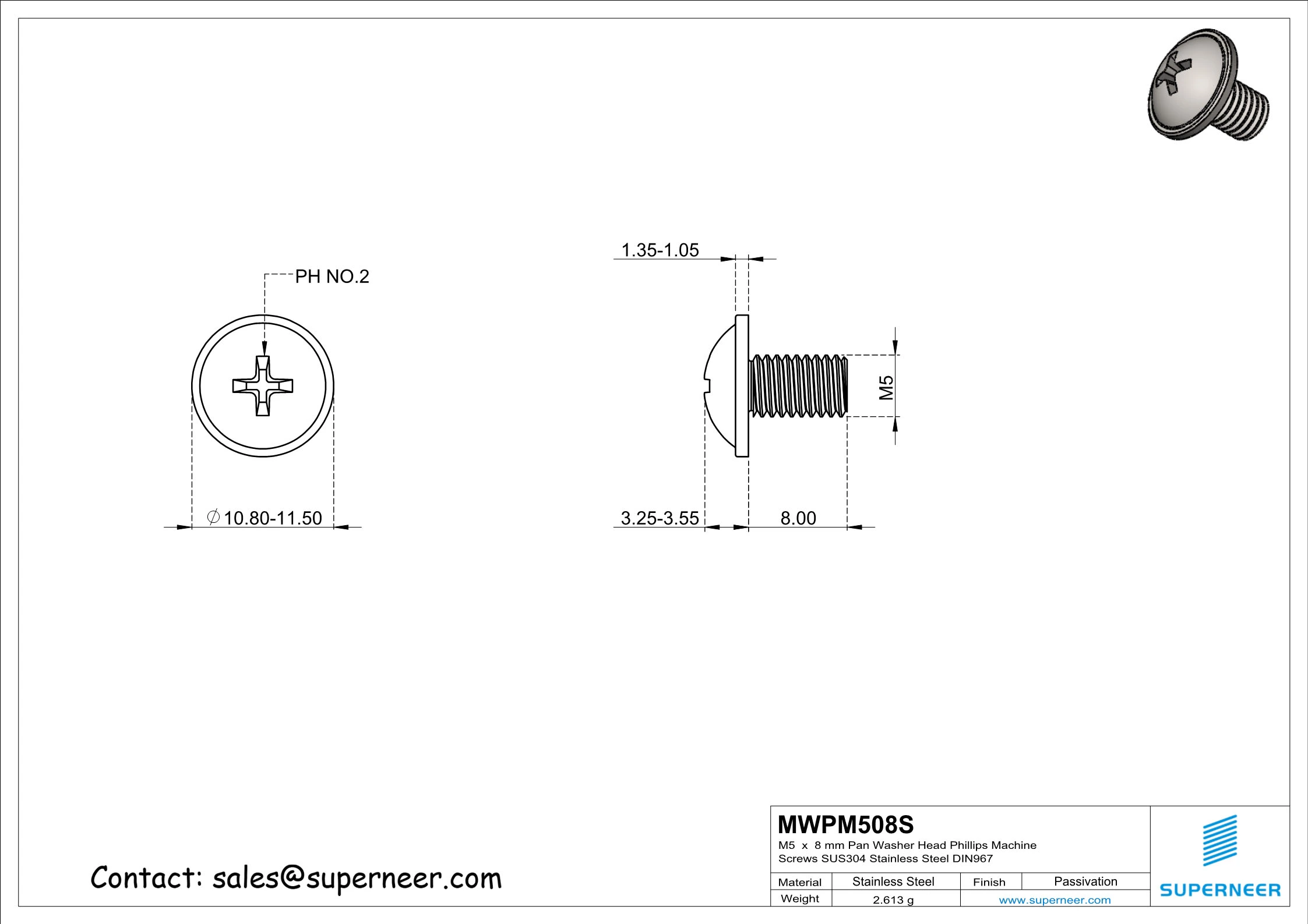 M5 x 8 mm  Pan Washer Head Phillips Machine Screws SUS304 Stainless Steel Inox DIN967