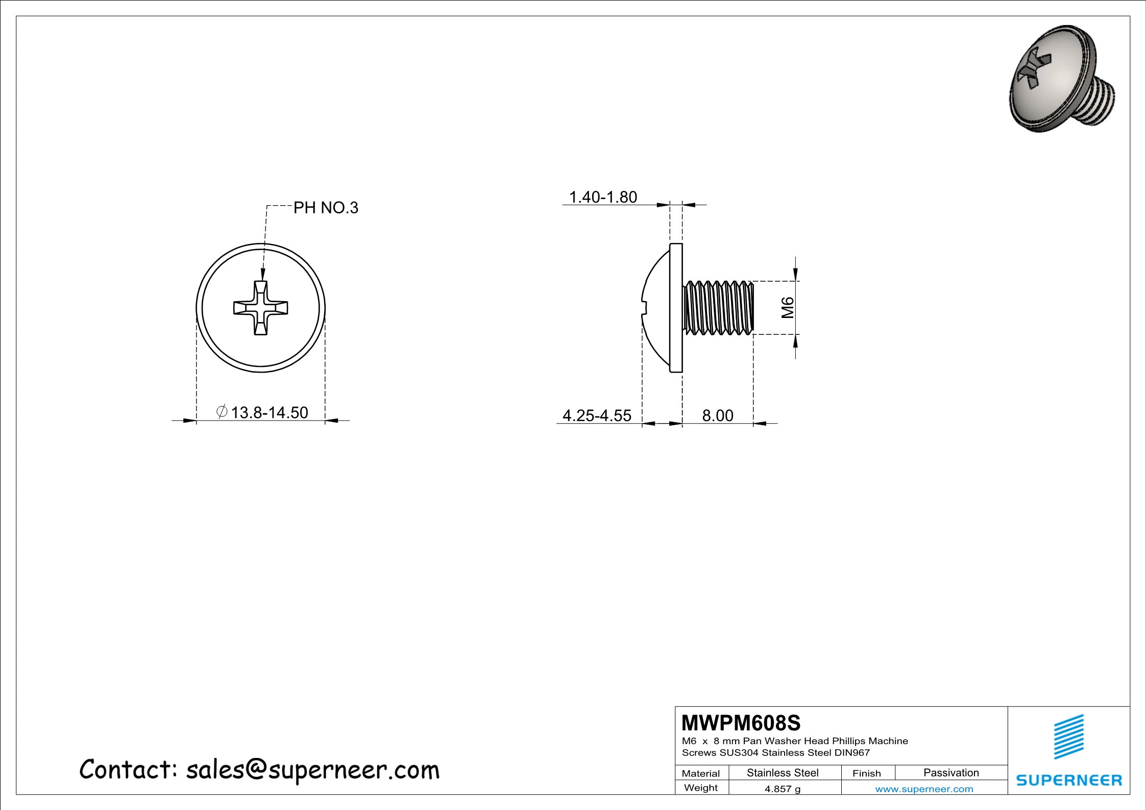 M6 x 8 mm  Pan Washer Head Phillips Machine Screws SUS304 Stainless Steel Inox DIN967