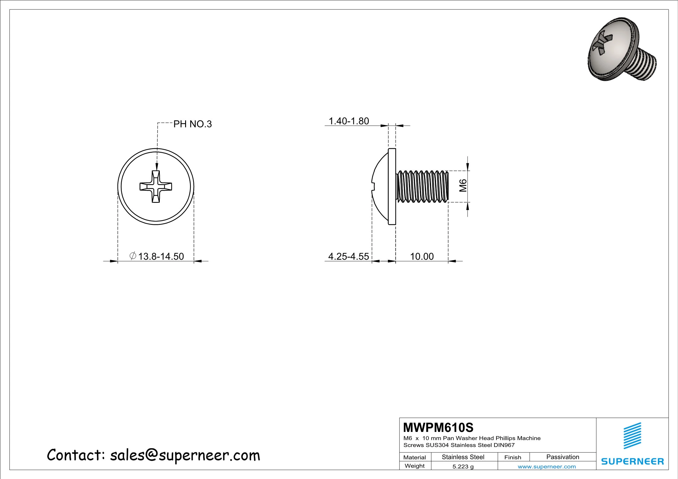 M6 x 10 mm  Pan Washer Head Phillips Machine Screws SUS304 Stainless Steel Inox DIN967