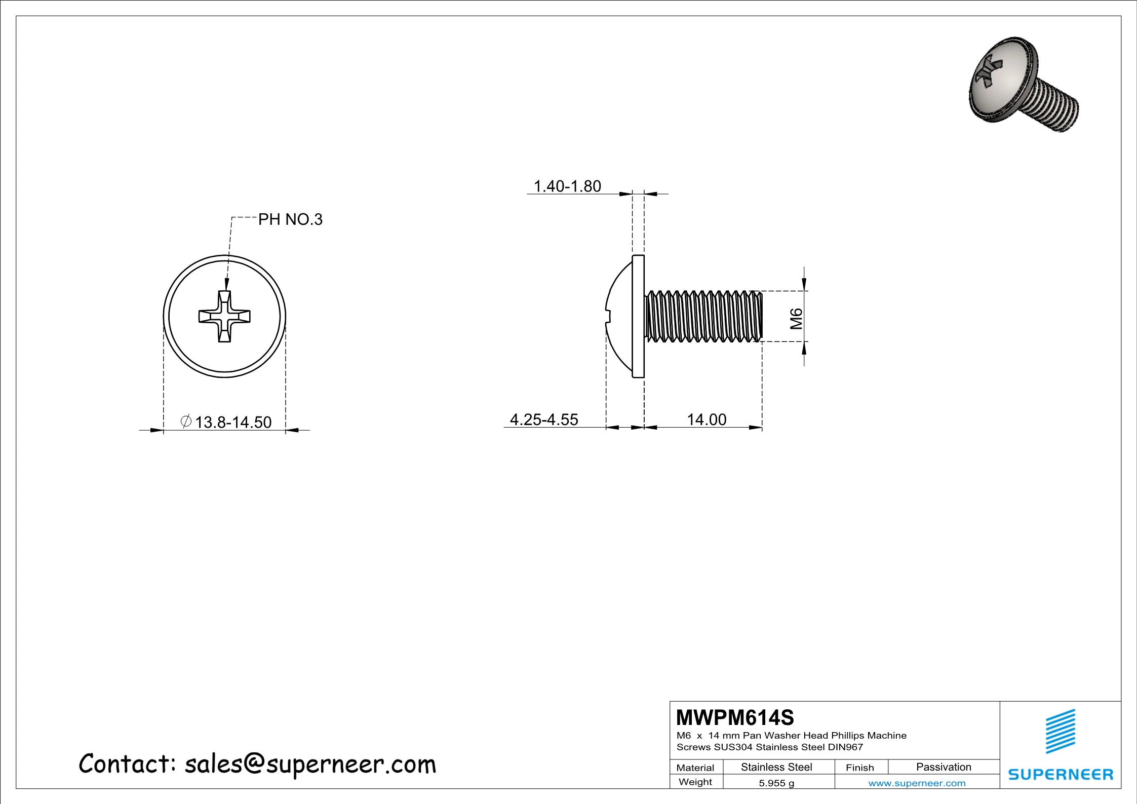 M6 x 14 mm  Pan Washer Head Phillips Machine Screws SUS304 Stainless Steel Inox DIN967