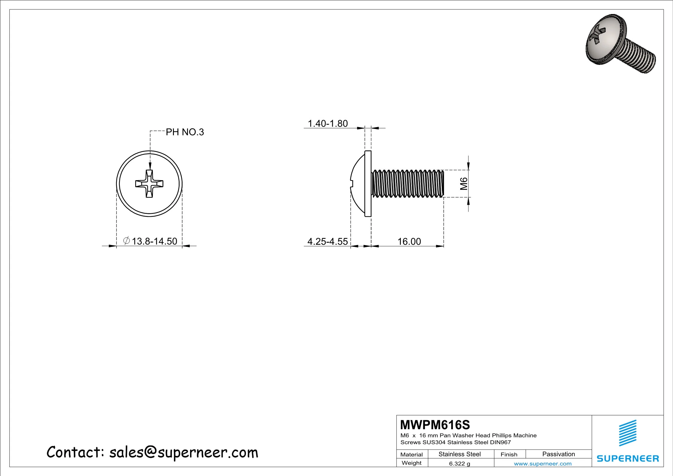 M6 x 16 mm  Pan Washer Head Phillips Machine Screws SUS304 Stainless Steel Inox DIN967