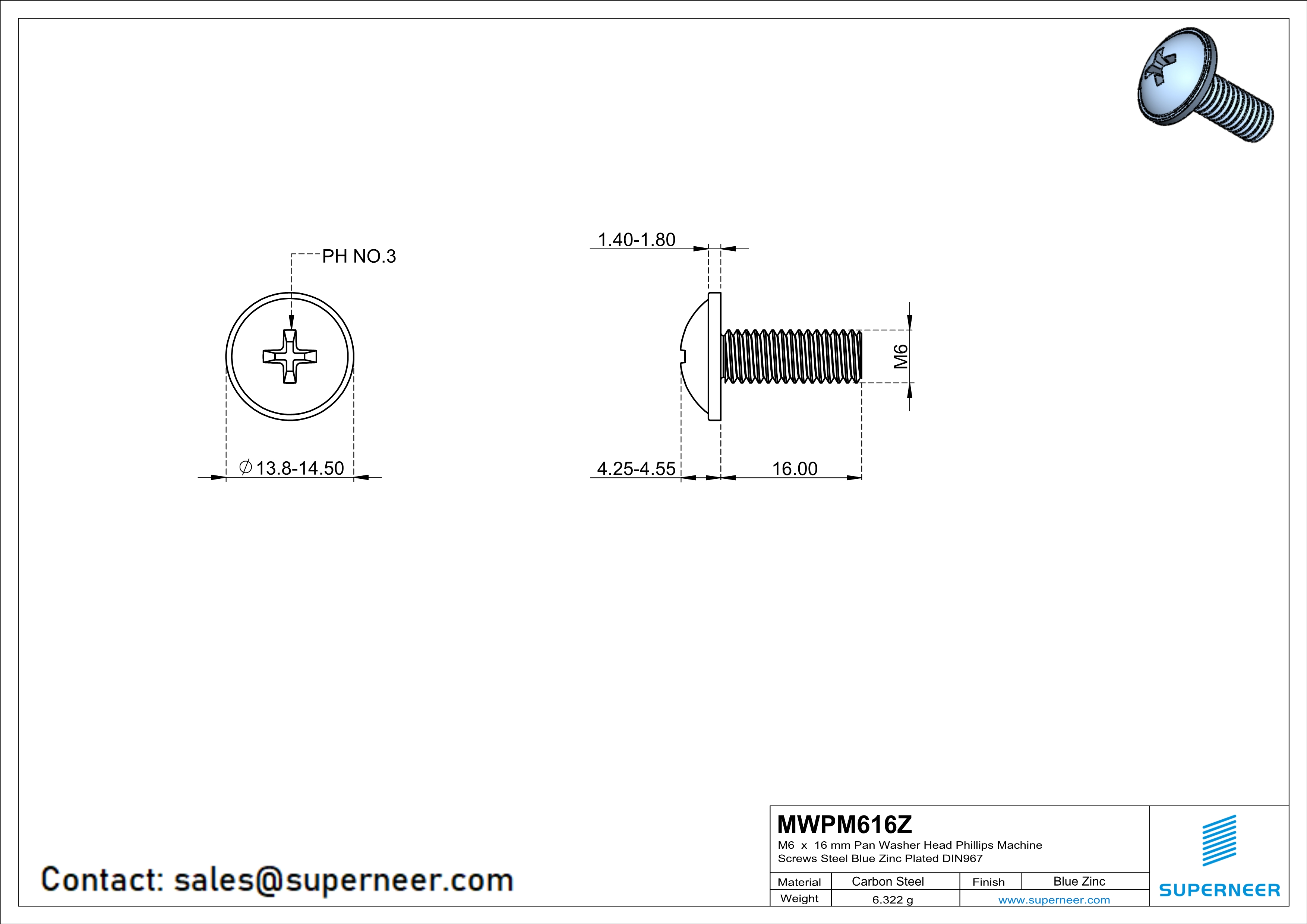 M6 x 16 mm  Pan Washer Head Phillips Machine Screws Steel Blue Zinc Plated DIN967
