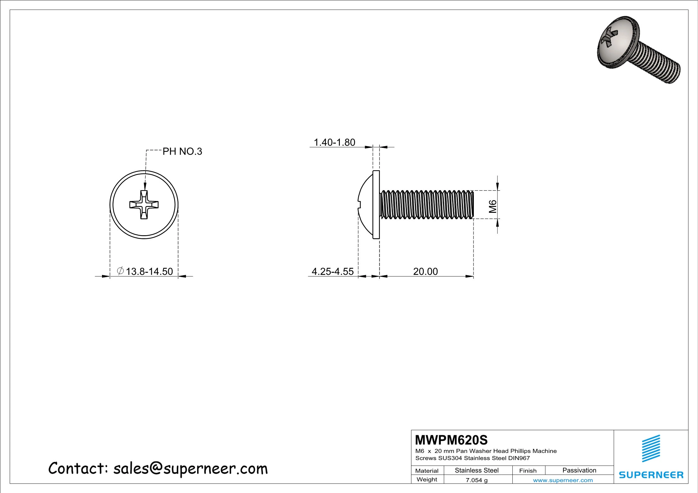 M6 x 20 mm  Pan Washer Head Phillips Machine Screws SUS304 Stainless Steel Inox DIN967