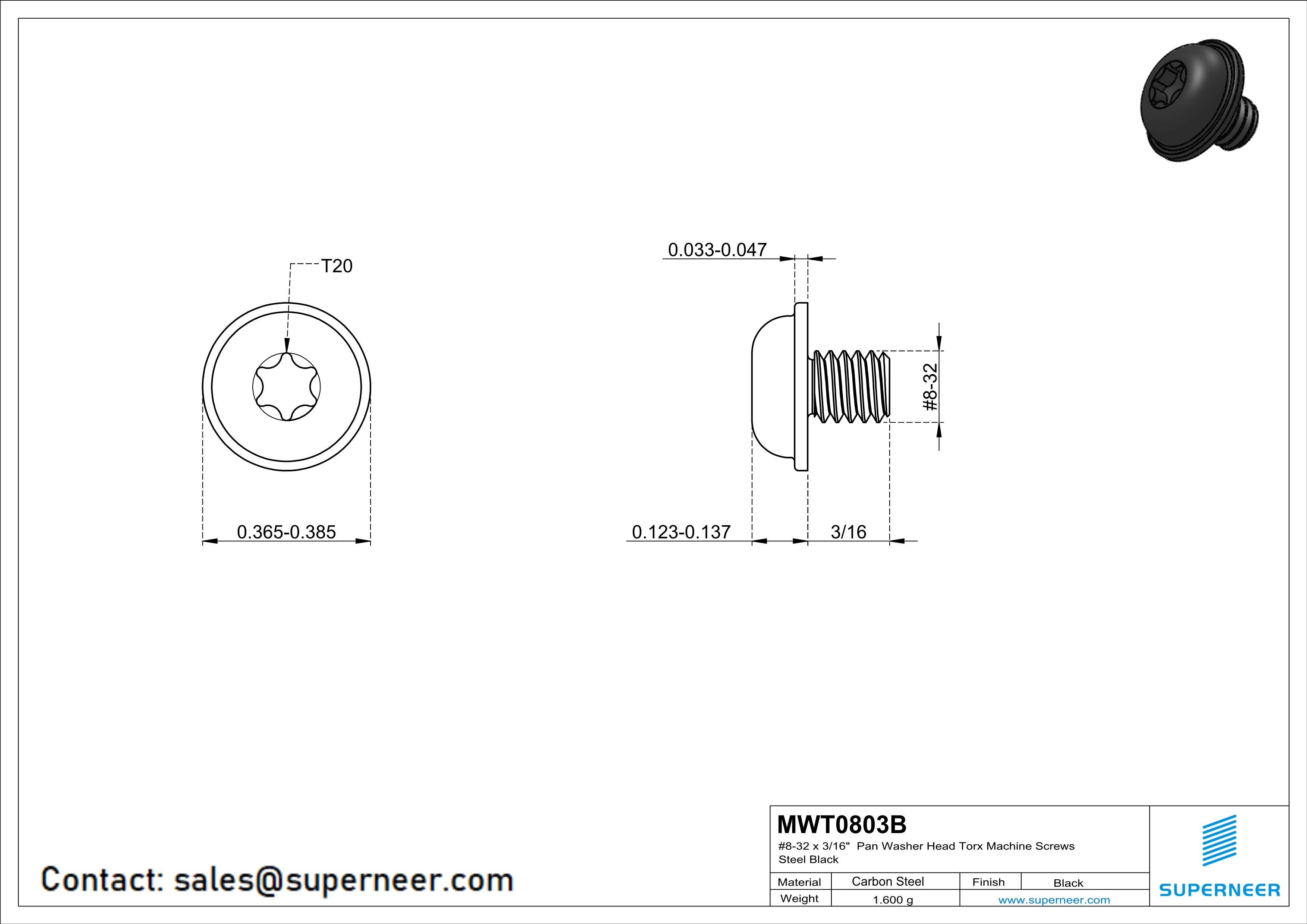 8-32 x 3/16" Pan Washer Head Torx Machine Screws Steel Black