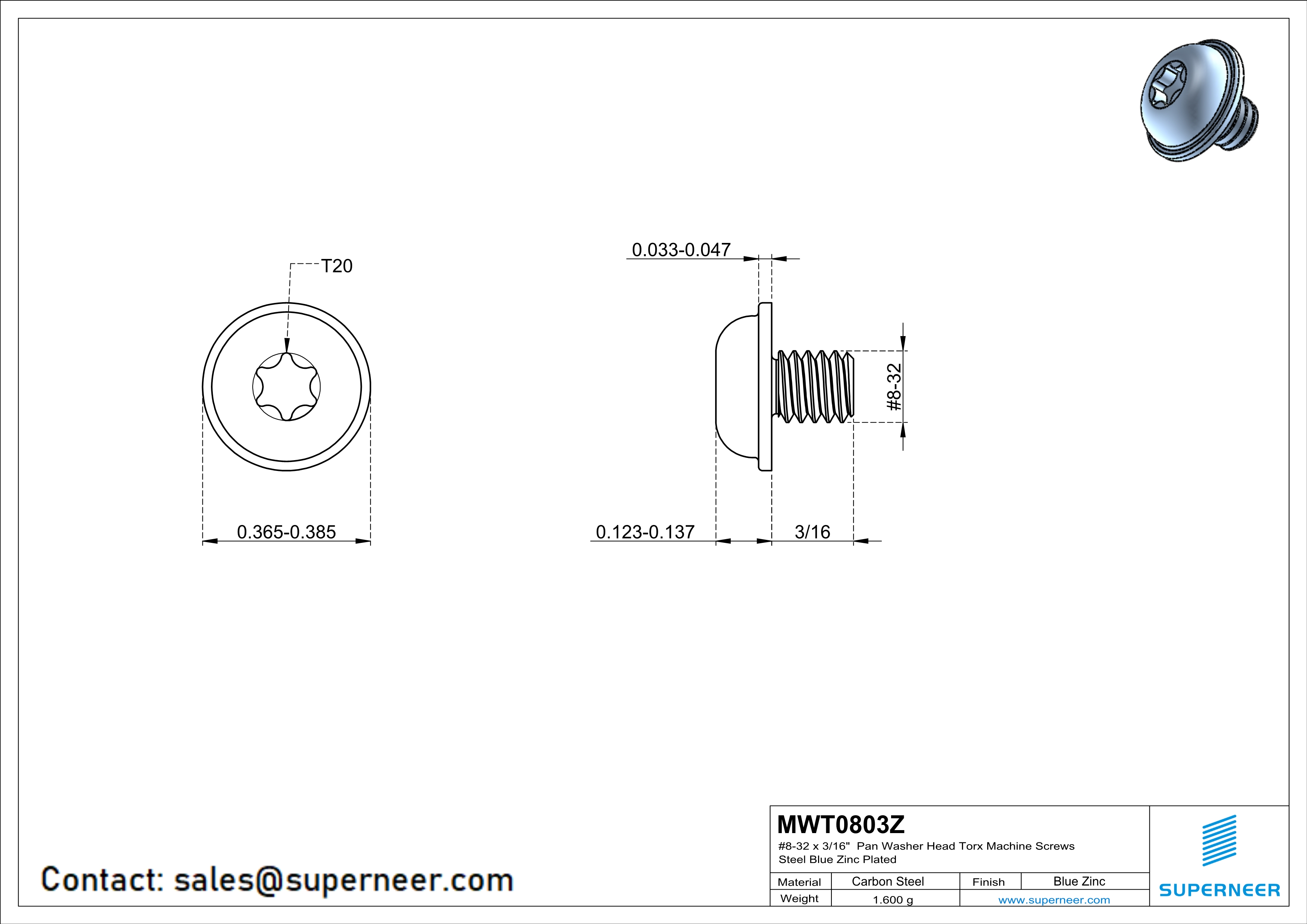 8-32 x 3/16" Pan Washer Head Torx Machine Screws Steel Blue Zinc Plated