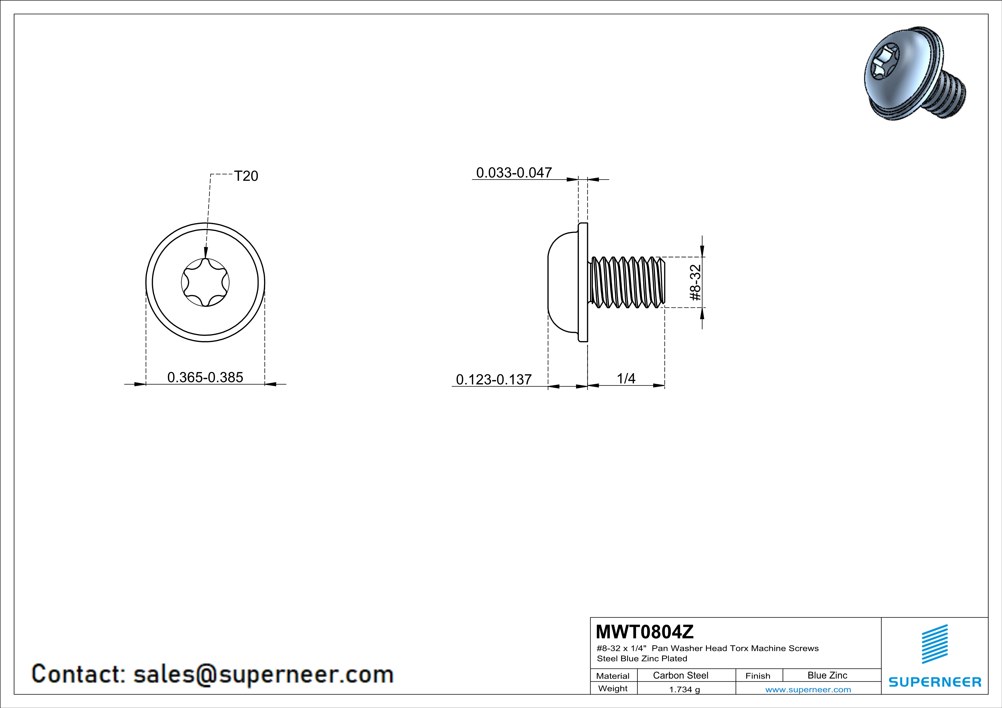 8-32 x 1/4" Pan Washer Head Torx Machine Screws Steel Blue Zinc Plated