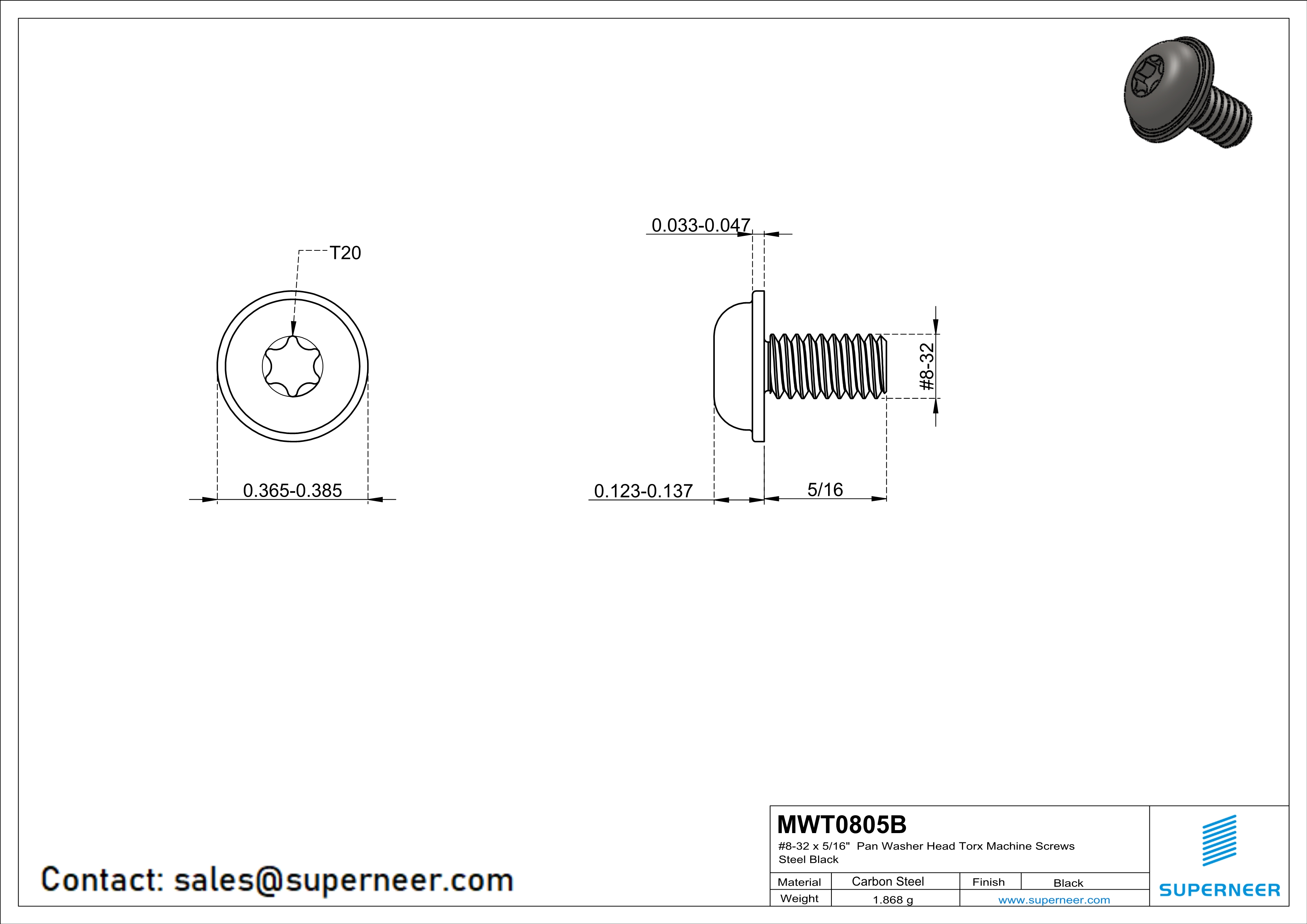 8-32 x 5/16" Pan Washer Head Torx Machine Screws Steel Black