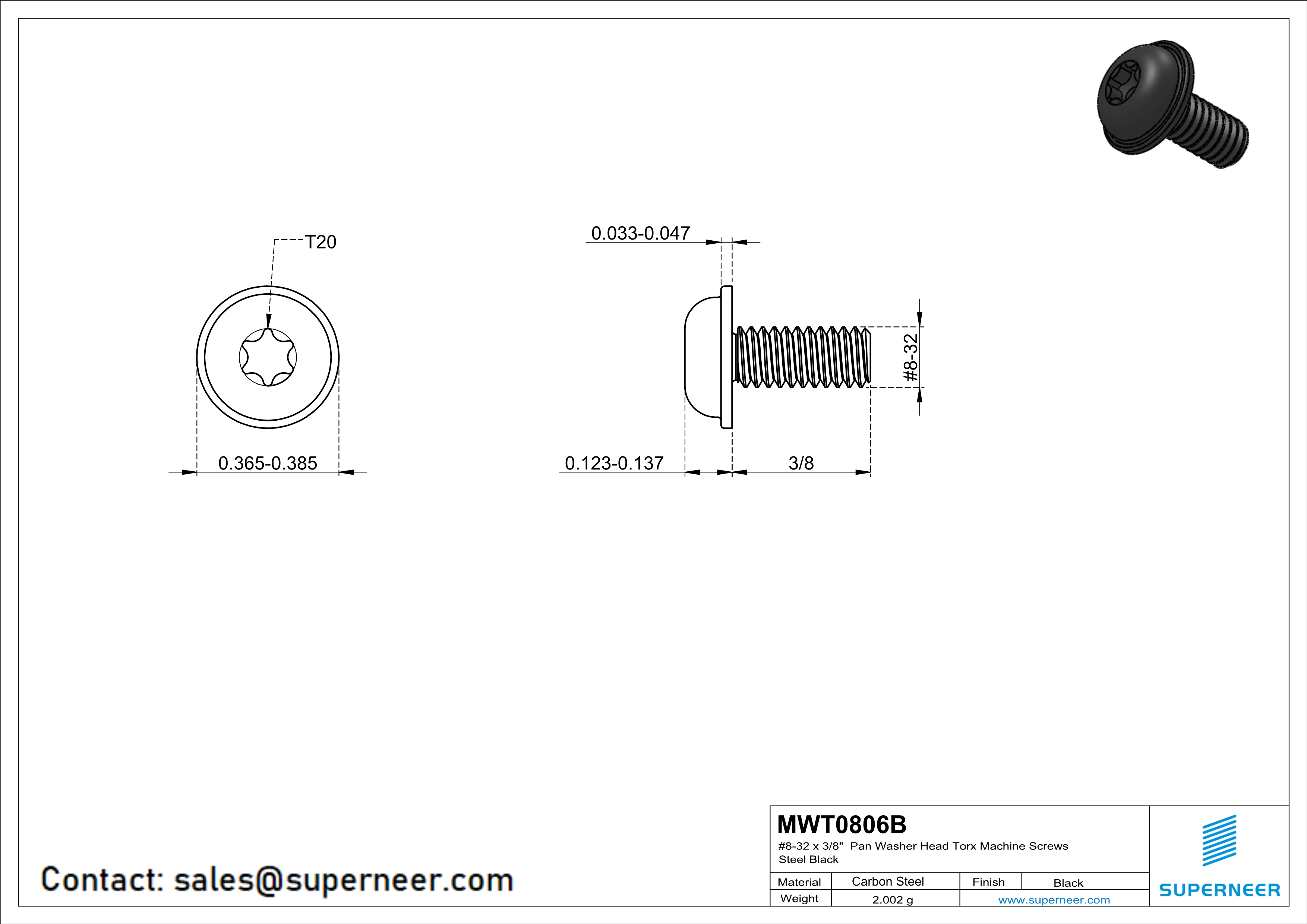 8-32 x 3/8" Pan Washer Head Torx Machine Screws Steel Black